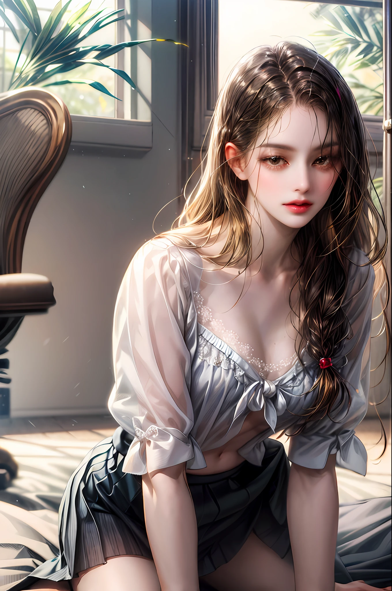 Girl with long straight black hair and brown eyes, beautiful, thin, flat, tall, girl with long straight black hair and brown eyes wearing businessman uniform, beautiful, thin, flat, tall, may be wearing businessman uniform, one with long hair, the other short woman, ((white sheer blouse, no black mini skirt)), underwear bite, sexy pose, Slender lower body, back view, gaze by the window, buttocks sticking out, on all fours, buttocks facing away, provocative