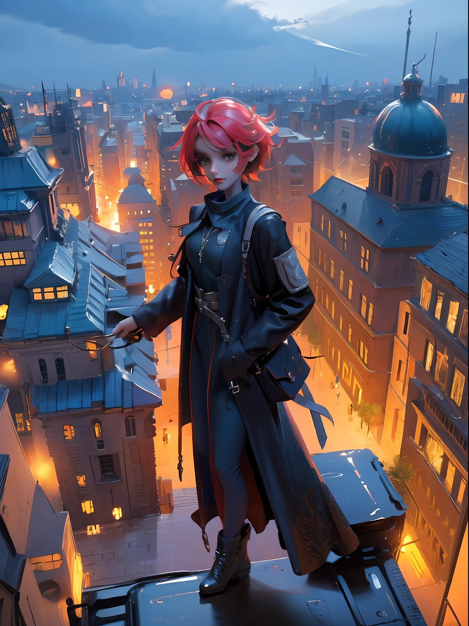 ((Masterpiece)), ((Best quality)), 8K, high detaild, Ultra-detailed, A girl standing on the rooftop overlooking the city, teto, Buildings, Streets, City lights.