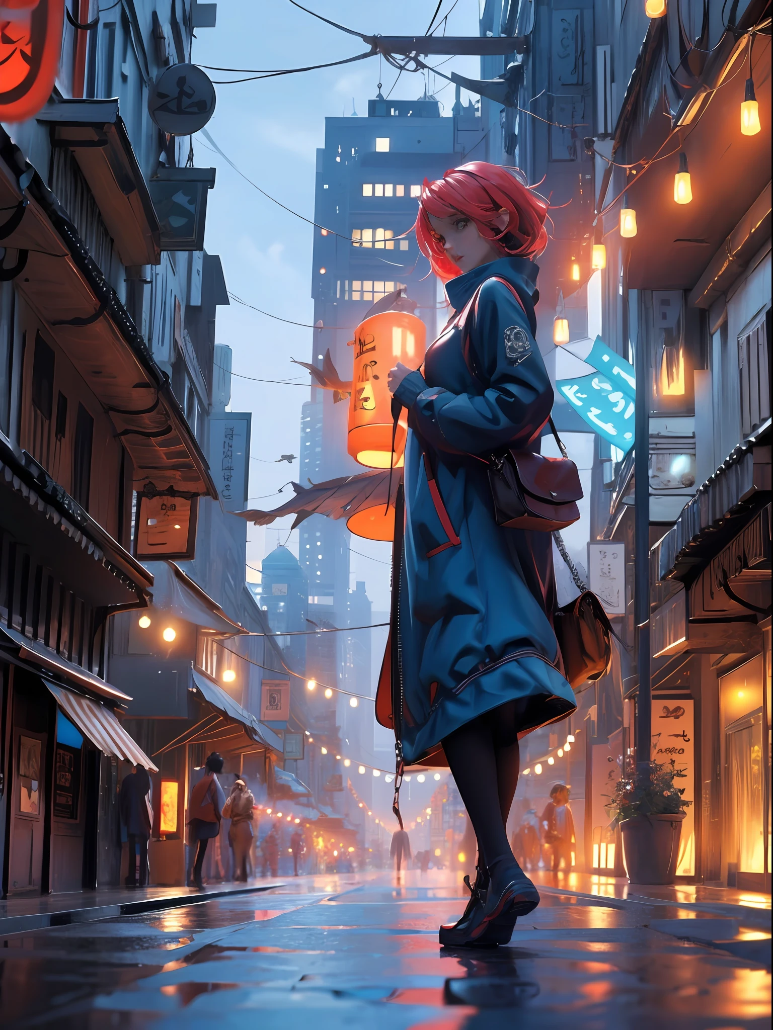 ((Masterpiece)), ((Best quality)), 8K, high detaild, Ultra-detailed, A girl standing on the rooftop overlooking the city, teto, Buildings, Streets, City lights.