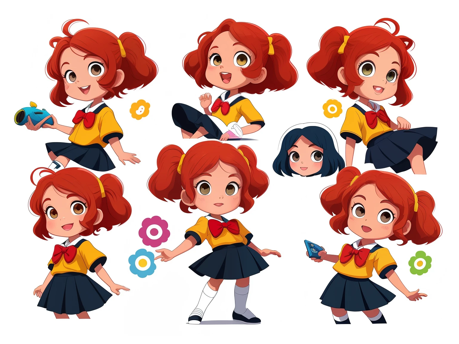 menina 9 anos estilo cartoon bem infantil. kidny. personagem para capa de ebook infantil. Curly and red hair up to the shoulder. Bow on pink head. Olhos castanhos e grandes. pele branca. mesmo personagem. wearing dark blue skirt and white blouse as high school uniform. Meia branca e sapato preto, estilo cartoon. various poses, same character deta reference --auto --s2