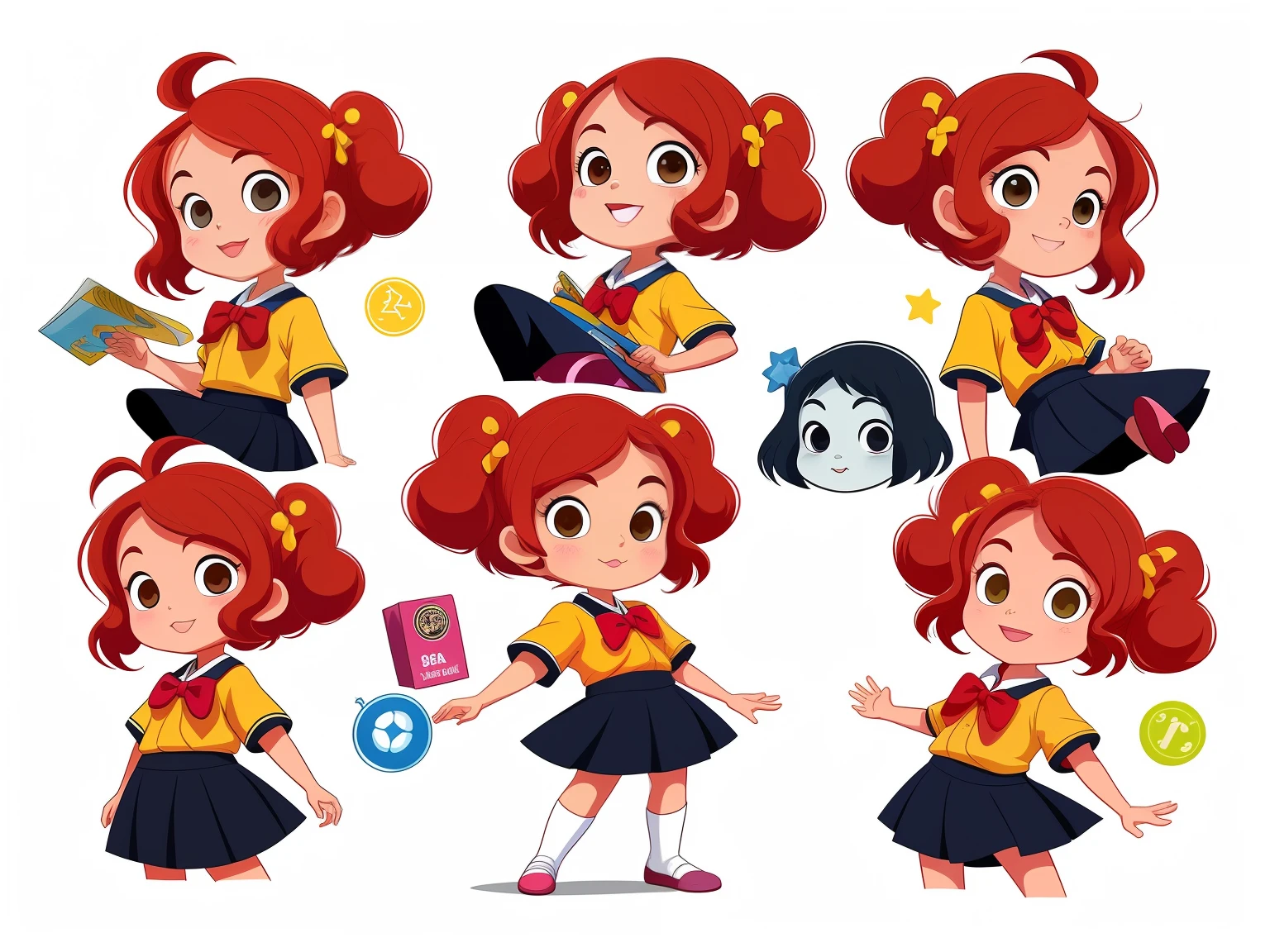 menina 9 anos estilo cartoon bem infantil. kidny. personagem para capa de ebook infantil. Curly and red hair up to the shoulder. Bow on pink head. Olhos castanhos e grandes. pele branca. mesmo personagem. wearing dark blue skirt and white blouse as high school uniform. Meia branca e sapato preto, estilo cartoon. various poses, same character deta reference --auto --s2