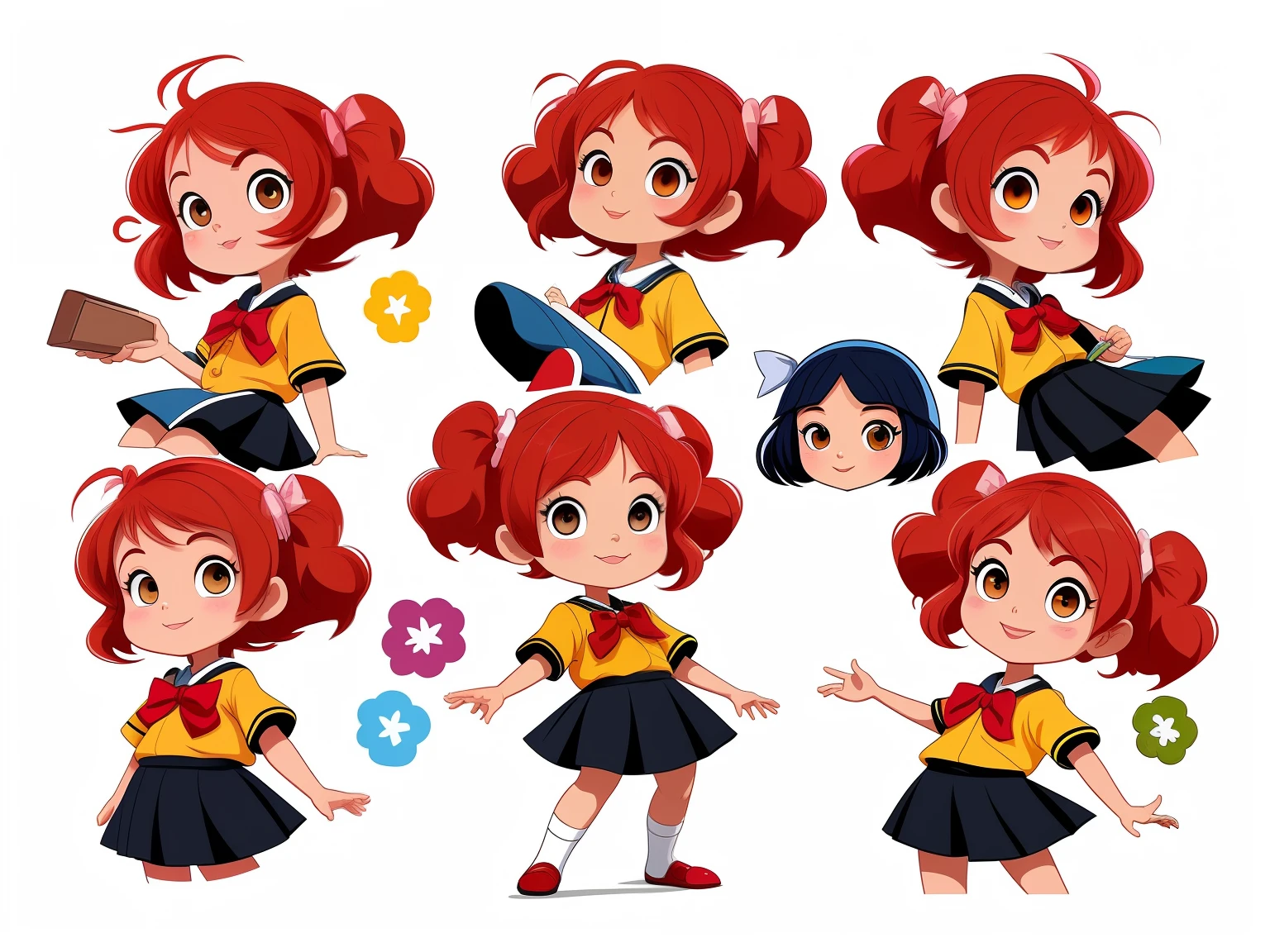 9 anos estilo cartoon bem infantil. kidny. personagem para capa de ebook infantil. Curly and red hair up to the shoulder. Bow on pink head. Olhos castanhos e grandes. pele branca. mesmo personagem. wearing dark blue skirt and white blouse as high school uniform. Meia branca e sapato preto, estilo cartoon. various poses, same character deta reference --auto --s2