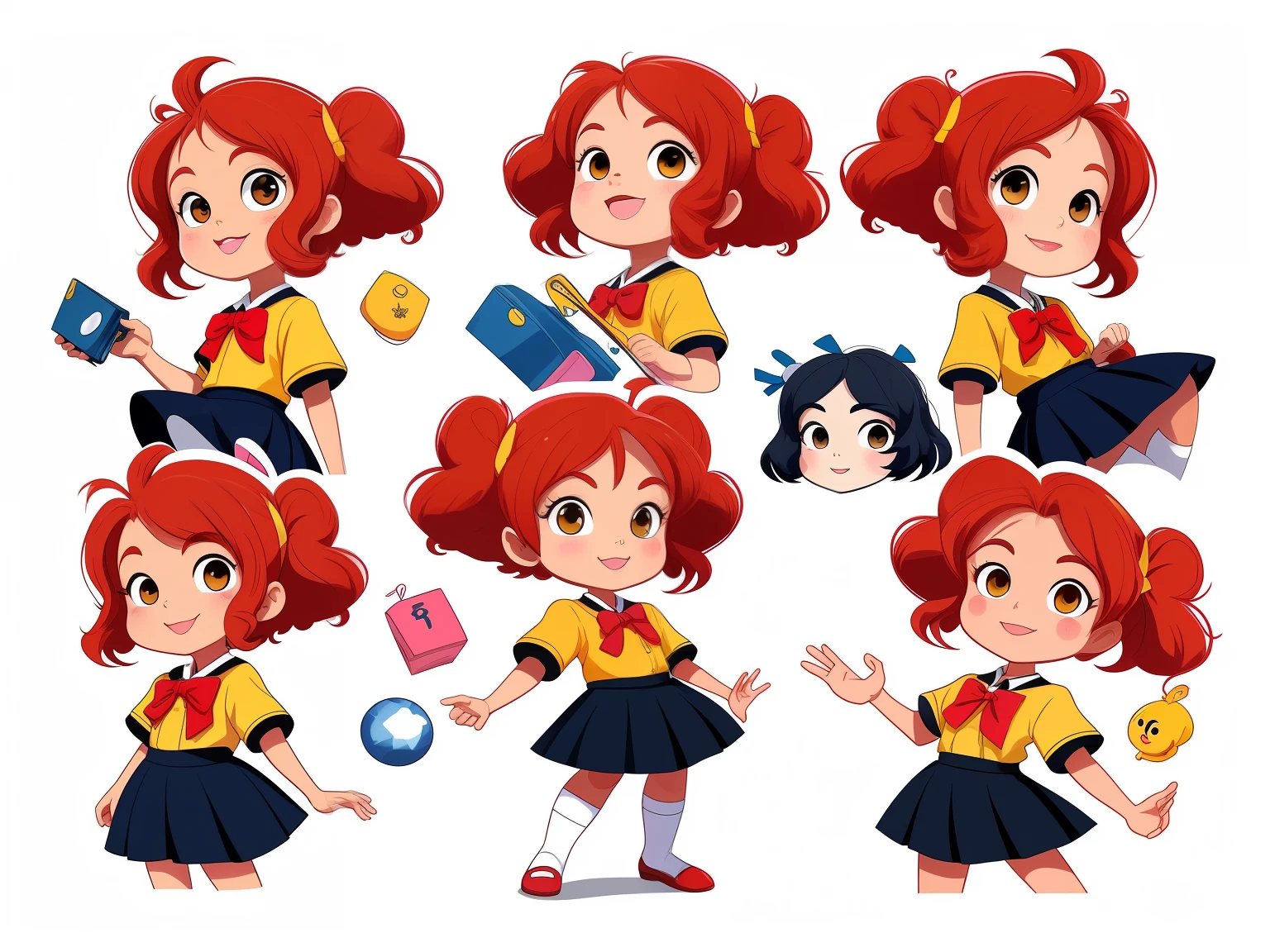 menina 9 anos estilo cartoon bem infantil. kidny. personagem para capa de ebook infantil. Curly and red hair up to the shoulder. Bow on pink head. Olhos castanhos e grandes. pele branca. mesmo personagem. wearing dark blue skirt and white blouse as high school uniform. Meia branca e sapato preto, estilo cartoon. various poses, same character deta reference --auto --s2