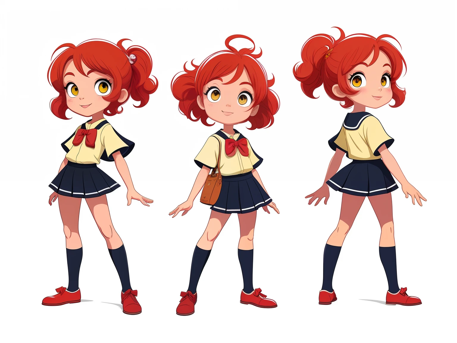 9 anos estilo cartoon bem infantil. kidny. personagem para capa de ebook infantil. Curly and red hair up to the shoulder. Bow on pink head. Olhos castanhos e grandes. pele branca. mesmo personagem. wearing dark blue skirt and white blouse as high school uniform. Meia branca e sapato preto, estilo cartoon. various poses, same character deta reference --auto --s2