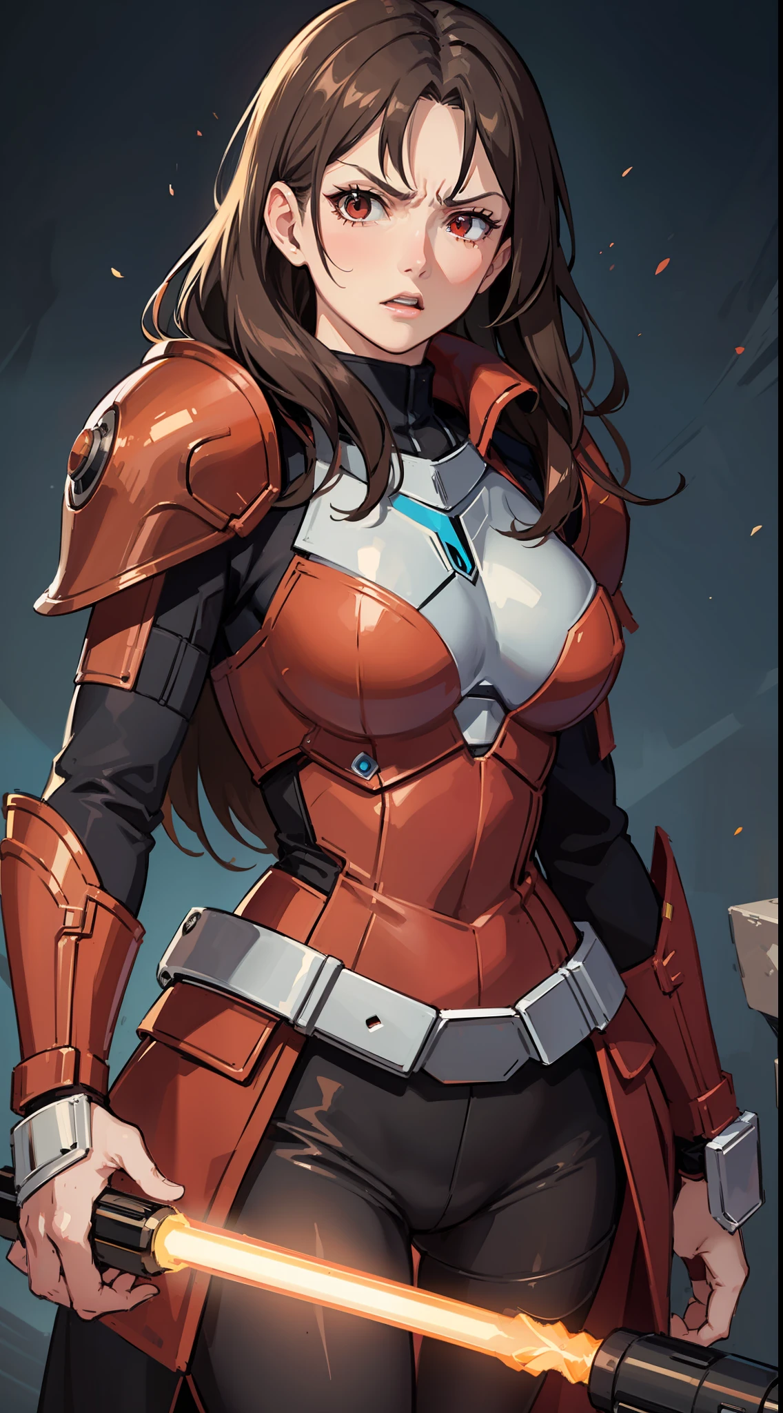 Adult woman, long brown hair, red eyes, angry, Mandalorian armor, black lightsaber, Masterpiece, hig quality