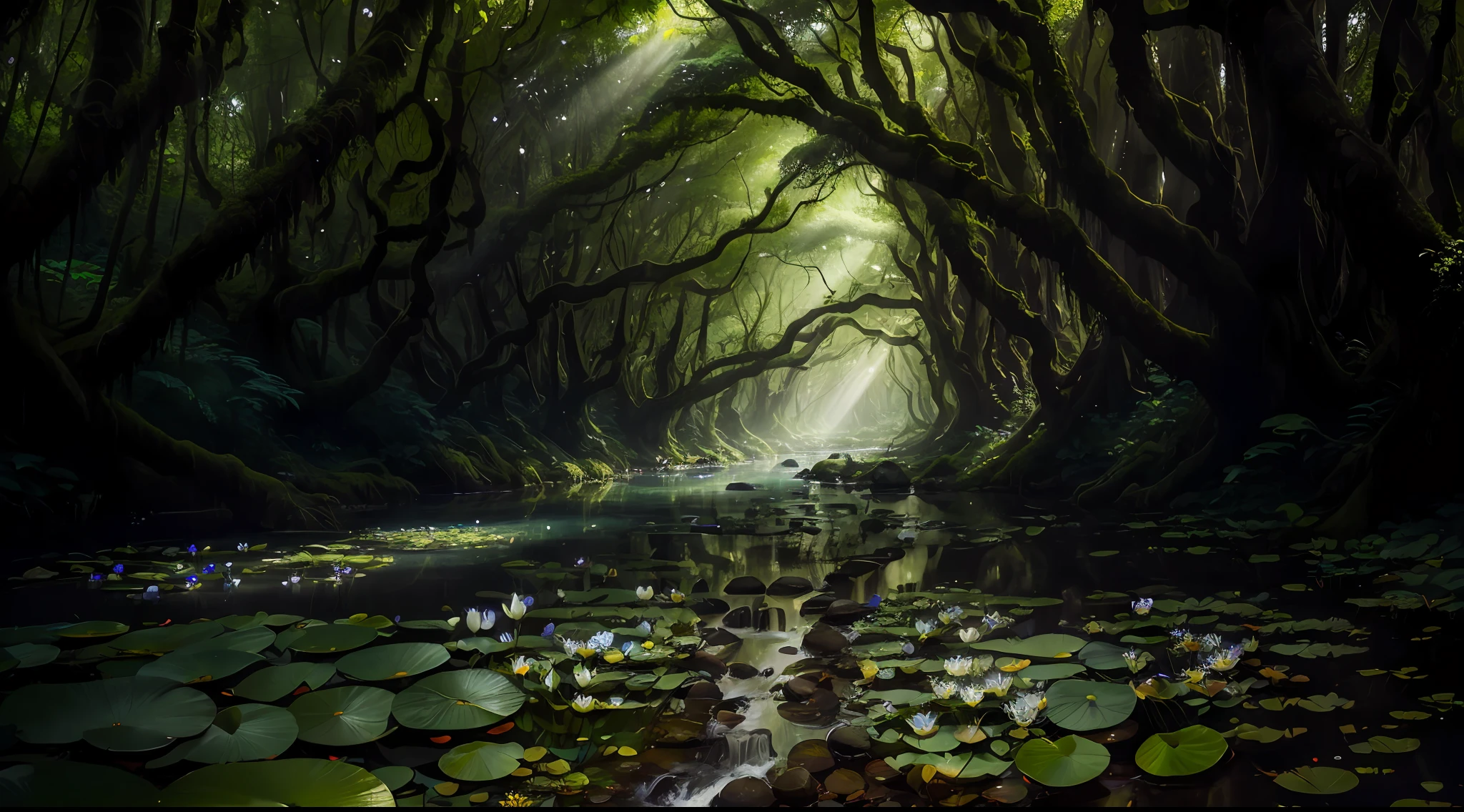 In the heart of an ancient, mystical forest, towering trees stretch towards the sky, their branches intertwined in a breathtaking display of nature's grandeur. Sunlight filters through the thick canopy, casting ethereal rays that illuminate the lush undergrowth below. A gentle stream meanders through the forest, its crystal-clear waters teeming with vibrant fish and delicate water lilies. As you walk along the moss-covered path, you encounter a serene clearing adorned with vibrant wildflowers, inviting you to pause and immerse yourself in the tranquil beauty of the natural world. A masterpiece, 8K, best quality, ultra-detailed, cinematic beautiful lighting, intricate details, looking at viewer, depth of field --ar 16:9 --auto