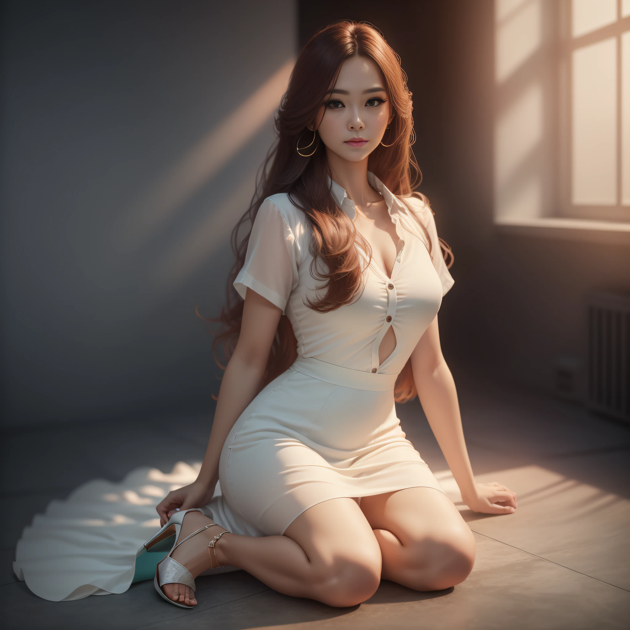 mix4, 20d, solo, long_hair, shirt, white dress, high_heels,full_body, look_at_viewer, (8k, RAW photo, best quality, masterpiece:1.2), (realistic, photorealistic:1.37), professional lighting, photon display, radio, physical rendering