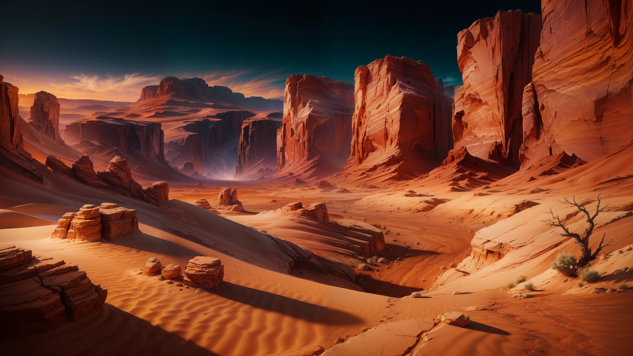 desert, rocky terrain, rocks, canyon, heat, masterpiece, best quality, (extremely detailed CG unity 8k wallpaper), (best quality), (best illustration), (best shadow)