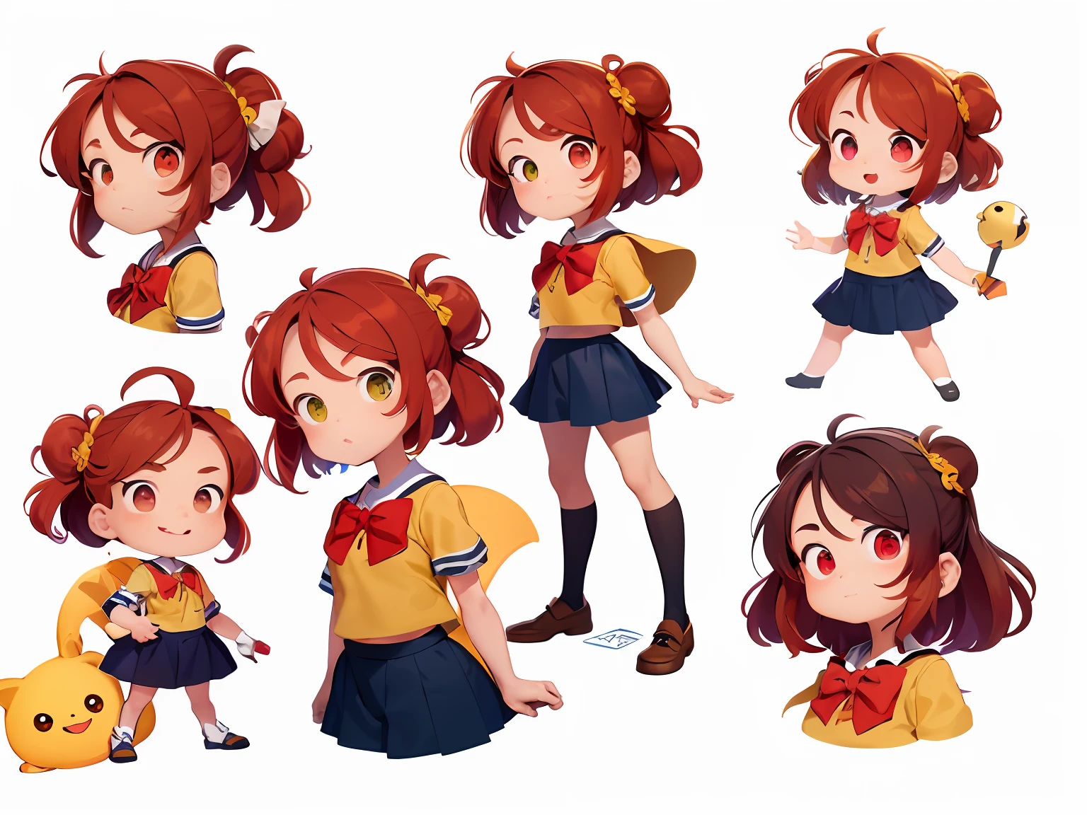 9 anos estilo cartoon bem infantil. kidny. personagem para capa de ebook infantil. Curly and red hair up to the shoulder. Bow on pink head. Olhos castanhos e grandes. pele branca. mesmo personagem. wearing dark blue skirt and white blouse as high school uniform. Meia branca e sapato preto, estilo cartoon. various poses, same character deta reference --auto --s2