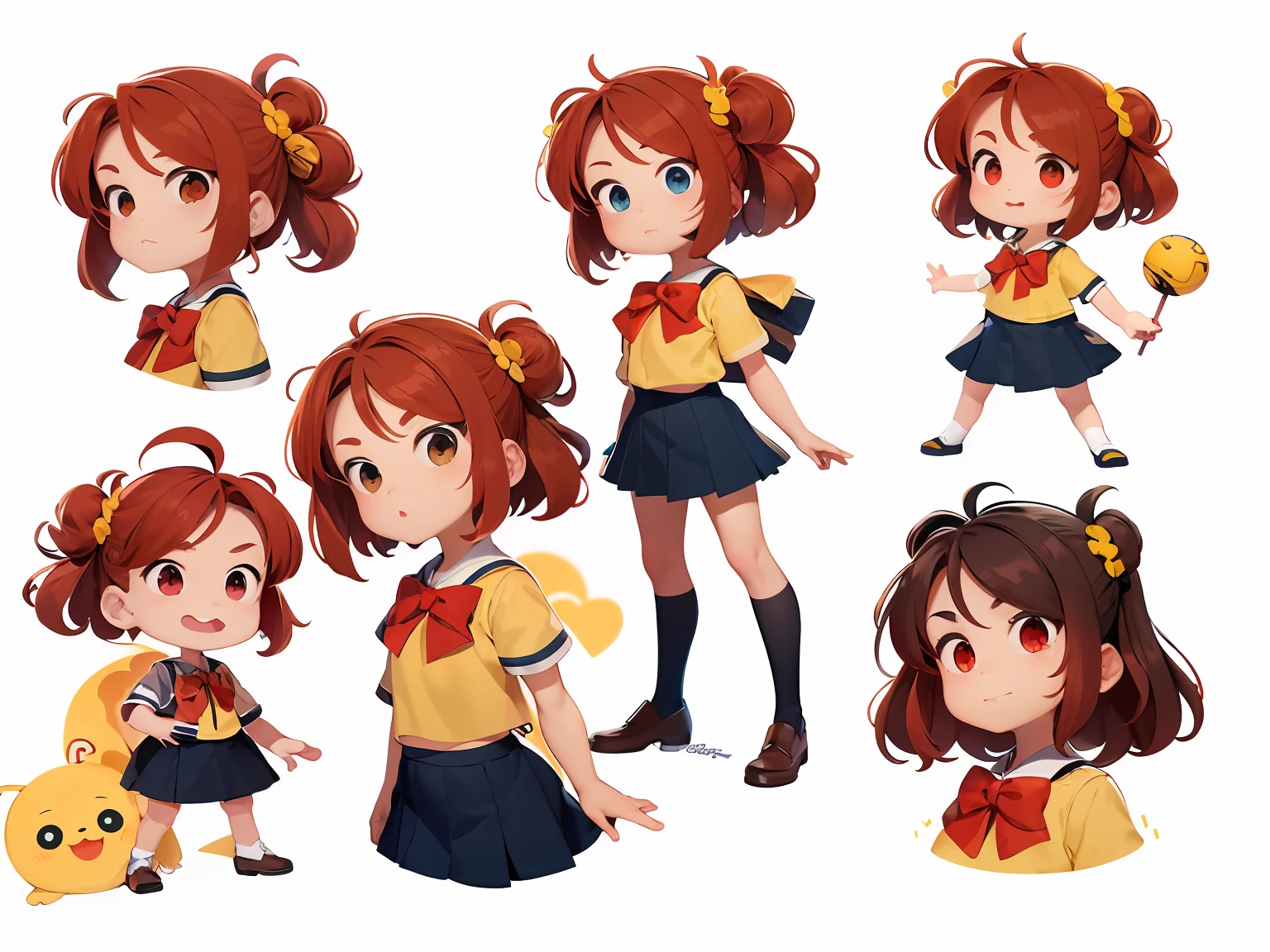 menina 9 anos estilo cartoon bem infantil. kidny. personagem para capa de ebook infantil. Curly and red hair up to the shoulder. Bow on pink head. Olhos castanhos e grandes. pele branca. mesmo personagem. wearing dark blue skirt and white blouse as high school uniform. Meia branca e sapato preto, estilo cartoon. various poses, same character deta reference --auto --s2