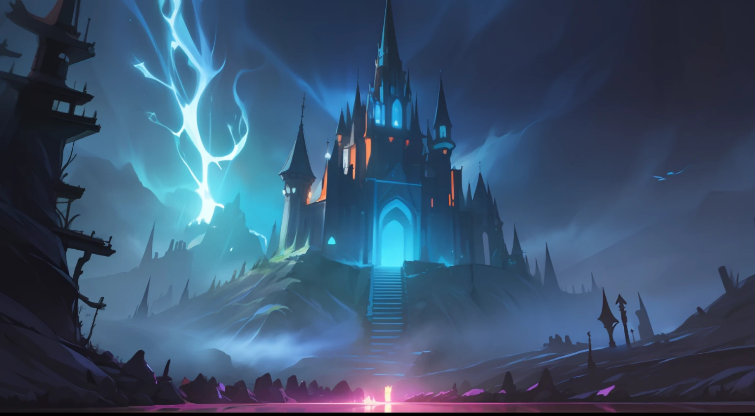 solo, super fine photo, picture Unreal Engine 5 8K UHD, fantasy world, floating undead castle on the ground hole, dark magic, half dark sky with purple thunder, best quality, masterpiece, official art, unified 8k wallpaper, super detailed