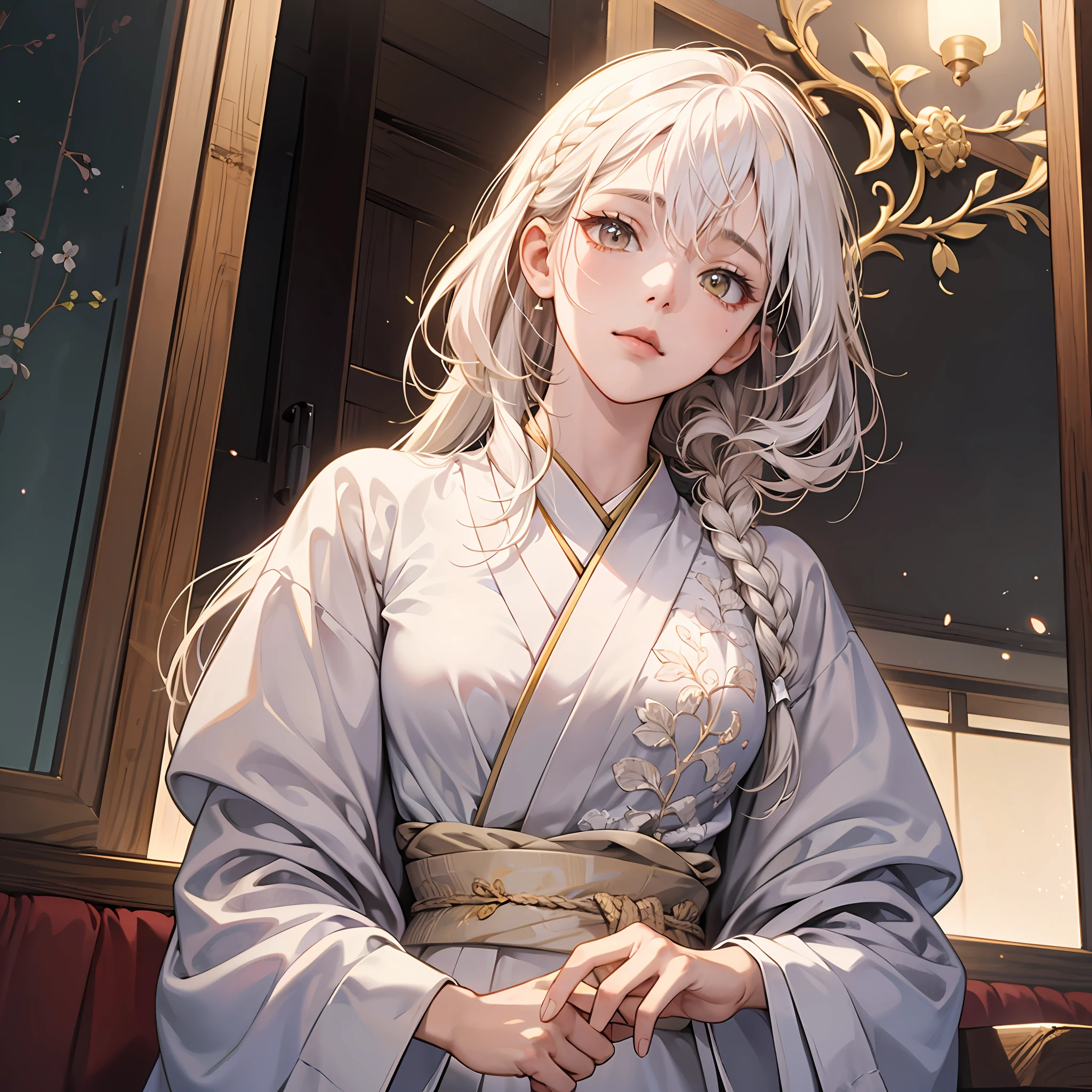 The Masterpiece, whitehair, Golden eyes, White robe, Look up, upper-body, hair strand, Fair skin, side braid, Japanese anime, a one woman, expose private parts, Lace, 8k, super detail --auto