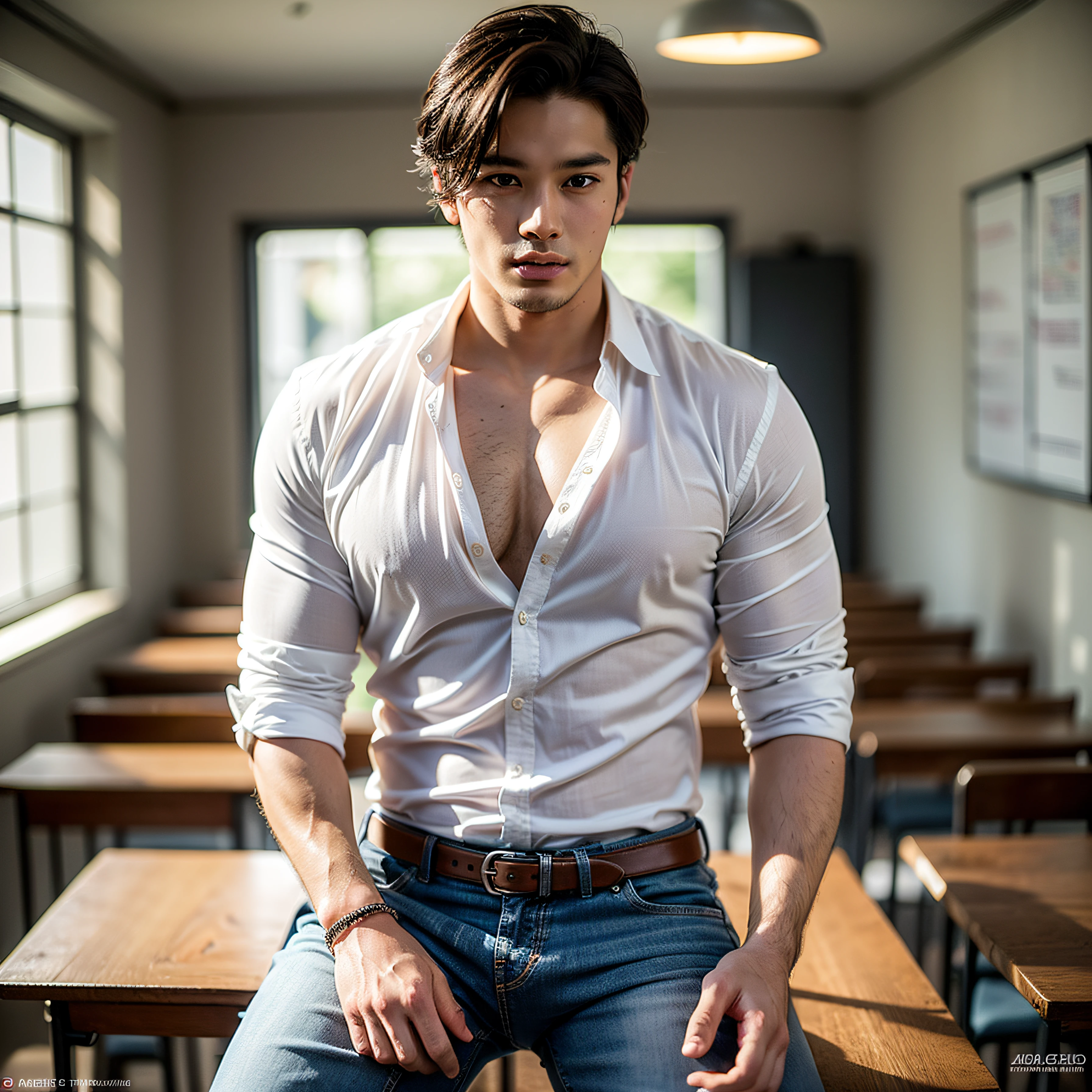 ((ultra realistic)), high detail, photo shoot, handsome young Thai man, Mingyu, ((pulling up oversize white shirt over:1.2)), ((showing chest:1.3)), (large areola:1.3), ((wearing jeans)), (((holding pen))), muscular, (abs), (pectorals), (((full body))), high res, detailed realistic image, beautiful eyes, eyes open, handsome face, detailed face, ((class room)), (undercut short hair:1.2), ((((crotch bulge))))