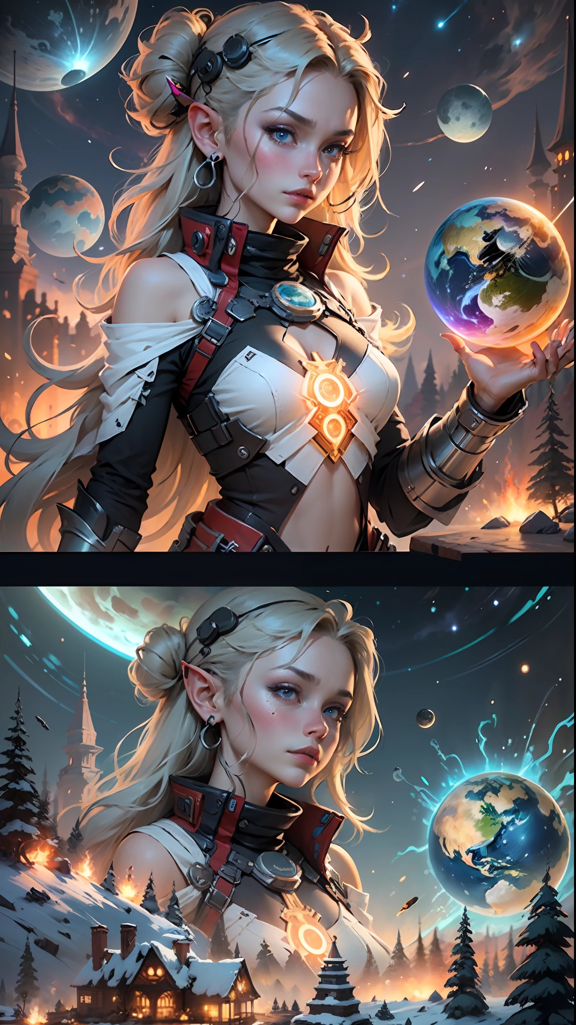 ((Best quality)), ((masterpiece)), (highly detailed:1.3), 3D, In a distant future where the boundaries between science fiction and fantasy have dissolved, the world is a tapestry of awe-inspiring wonders. Enter a universe where magic and technology coexist in harmony, shaping the destiny of civilizations across vast reaches of space.At the heart of this realm lies the Celestial Nexus, an intergalactic hub of mystical energies and technological marvels. Here, arcane knowledge intertwines with cutting-edge science, giving rise to a society where spaceships are imbued with the power of ancient spells, and technology is augmented by the mystic arts.Embark on a grand odyssey as a young explorer, destined to unravel the secrets of the Celestial Nexus. As you traverse the uncharted realms of the cosmos, encounter diverse civilizations teeming with beings who possess extraordinary abilities. From the ethereal Elven Spires, where the art of interdimensional travel is perfected, to the cybernetic enclaves of the Android Conglomerate, witness the tapestry of life as magic and technology intertwine.Unleash your latent powers as you become attuned to the energies that flow through the Nexus. Harness the ancient incantations of forgotten sorceries to propel your starship across the vast expanse of the cosmos. Engage in epic battles against cosmic abominations and interstellar tyrants, wielding enchanted weapons infused with futuristic enhancements.As you delve deeper into the enigmatic realms of the Celestial Nexus, uncover the origin of this harmonious fusion of magic and technology. Discover the ancient prophecies that foretell a cataclysmic event threatening to tear apart this delicate balance. Unite with a band of extraordinary beings, each possessing their own blend of magical aptitude and technological expertise, to embark on a perilous quest to save the Nexus from imminent destruction.In this epic saga, your choices will shape the fate of worlds, as the boundaries between