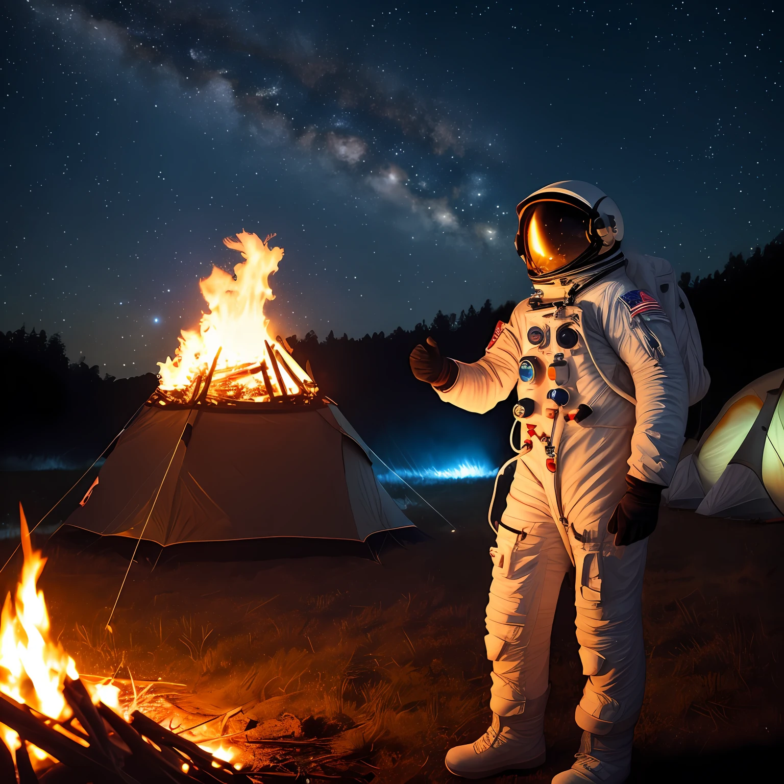Fresh and bright starry night,An astronaut wearing a helmet camps,Stellar flash in background,The white tent and the bonfire were swaying slightly behind him,The picture is smooth,With a sense of easy movement。