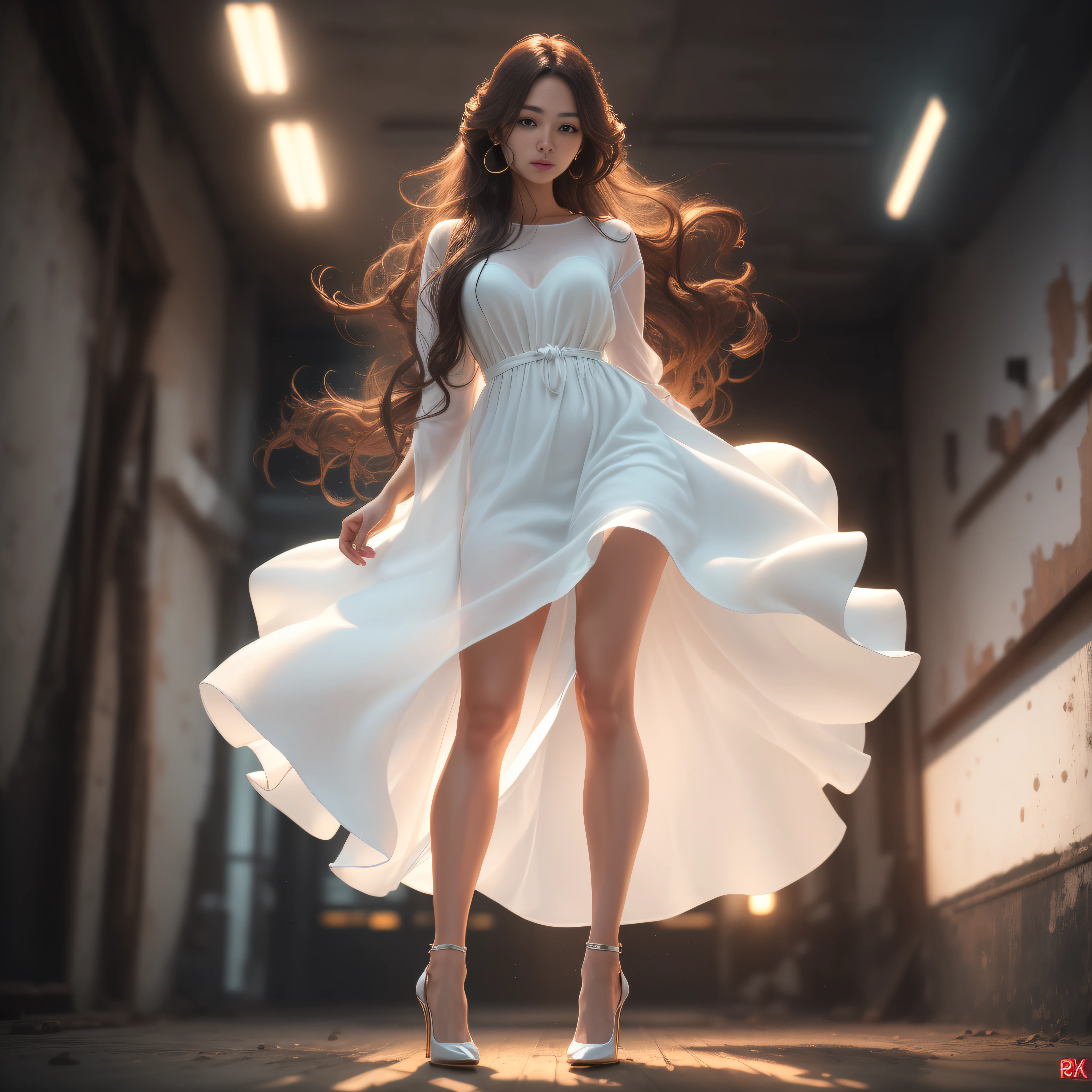 mix4, 20d, solo, long_hair, shirt, white dress, high_heels,full_body, look_at_viewer, (8k, RAW photo, best quality, masterpiece:1.2), (realistic, photorealistic:1.37), professional lighting, photon display, radio, physical rendering