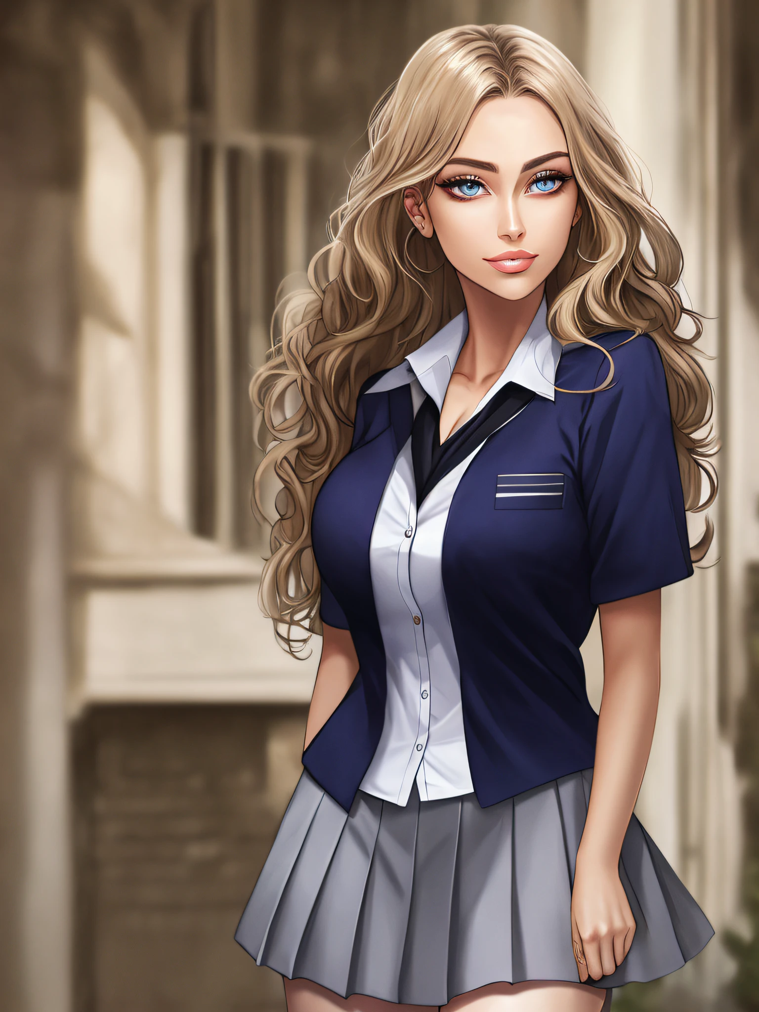((best quality)), {masterpiece: 1-5}, {big breasts: 1-5}, 1 girl, mature woman, beautiful Girl ,{extremely detailed and delicate anime face and eyes: 1-5}, {whole body: 1-3}, {natural light, HDR, extremely details CG: 1-3}, {dynamic posture: 1-3}, {correct body anatomy}, single focus, toned body, wide hips, Beautiful Lips, thick lips, {surreal}, {correct posture}, {minutes details }, {detailed body}, {detailed clothing}, {cleavage: 1-5}, {accessories}, {school girl}, {school uniform}, {short skirt}, long hair, thigh-high pantyhose, {blonde hair}, wavy hair, shiny lips, glossy lips, lipgloss, {indigo eyes}, hourglass figure