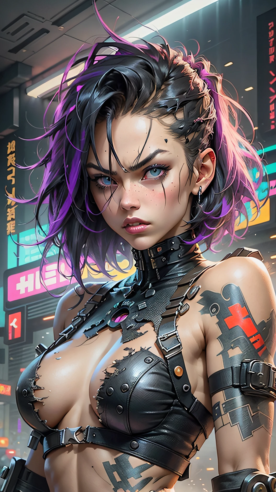 Beautiful woman, cyberpunk, cyborg, loose hair, short shoulder-length hair, angry eyes, strong figure, straight chest, open arms, raised forearms, perfectly proportioned, bare waist, torn leather clothing,