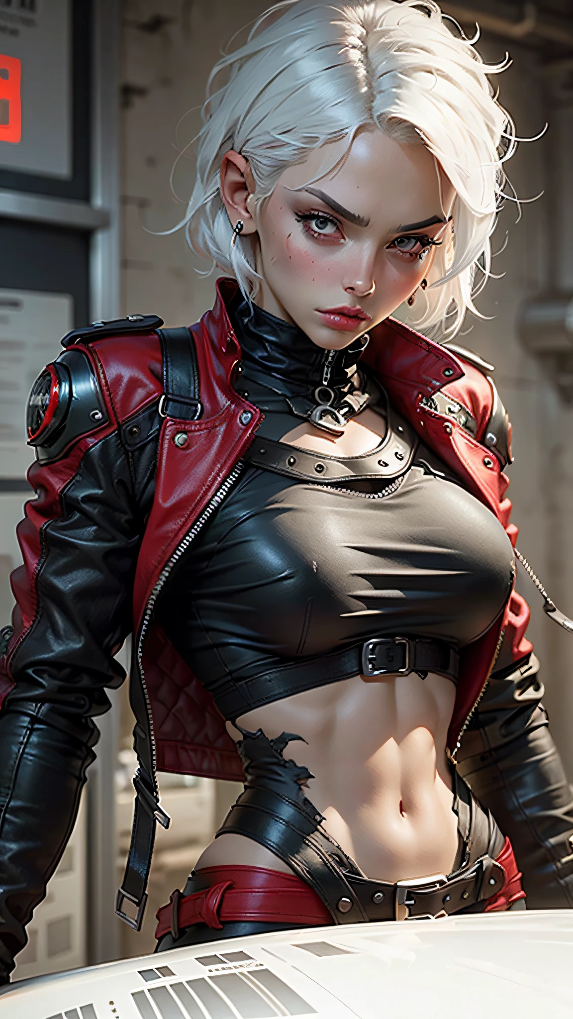 Beautiful woman, red and black tones, short hair, white hair, cold expression, strong figure, perfect proportions, small face, overlook, leather jacket, torn, a mechanical fist