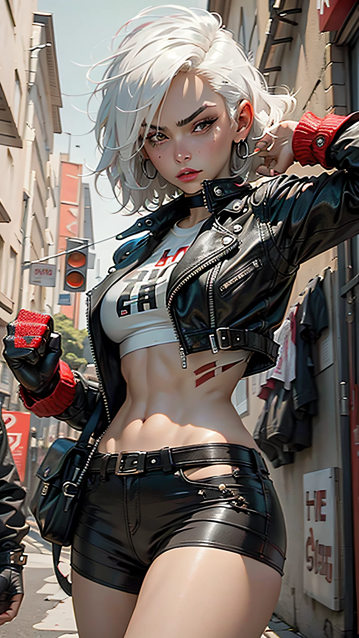 Beautiful woman, red and black tones, short hair, white hair, cold expression, strong figure, perfect proportions, small face, overlook, leather jacket, torn, a mechanical fist