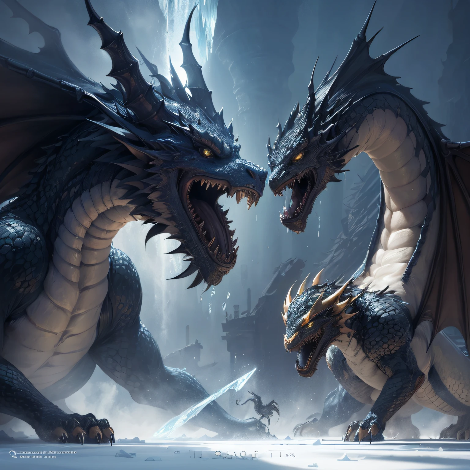 ((Amazing illustration, qualidade superior, Tibia game),(dragons spitting ice at each other),(8k),(Olhos vermelhos), (escamas pretas))