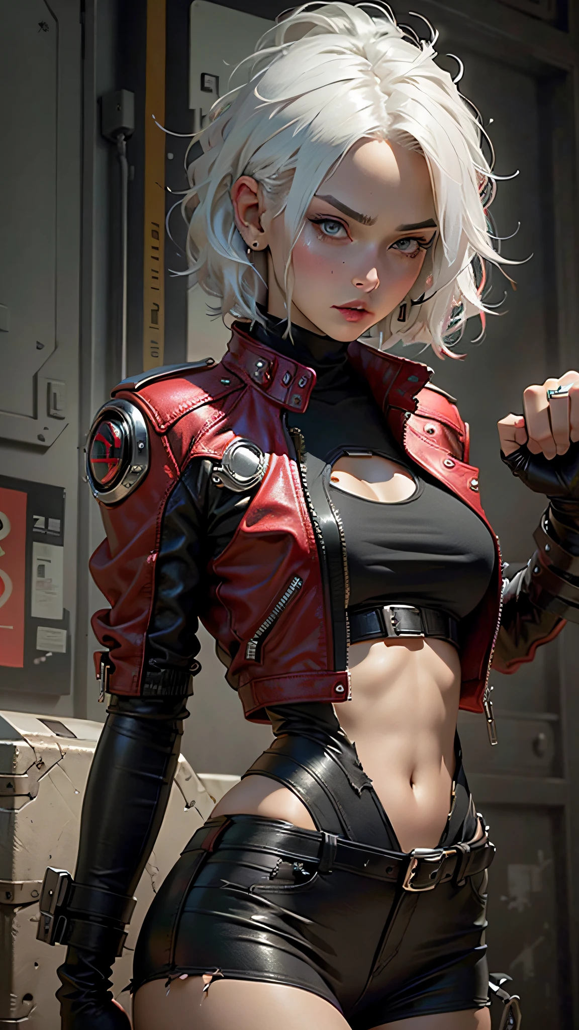 Beautiful woman, red and black tones, short hair, white hair, cold expression, strong figure, perfect proportions, small face, overlook, leather jacket, torn, a mechanical fist