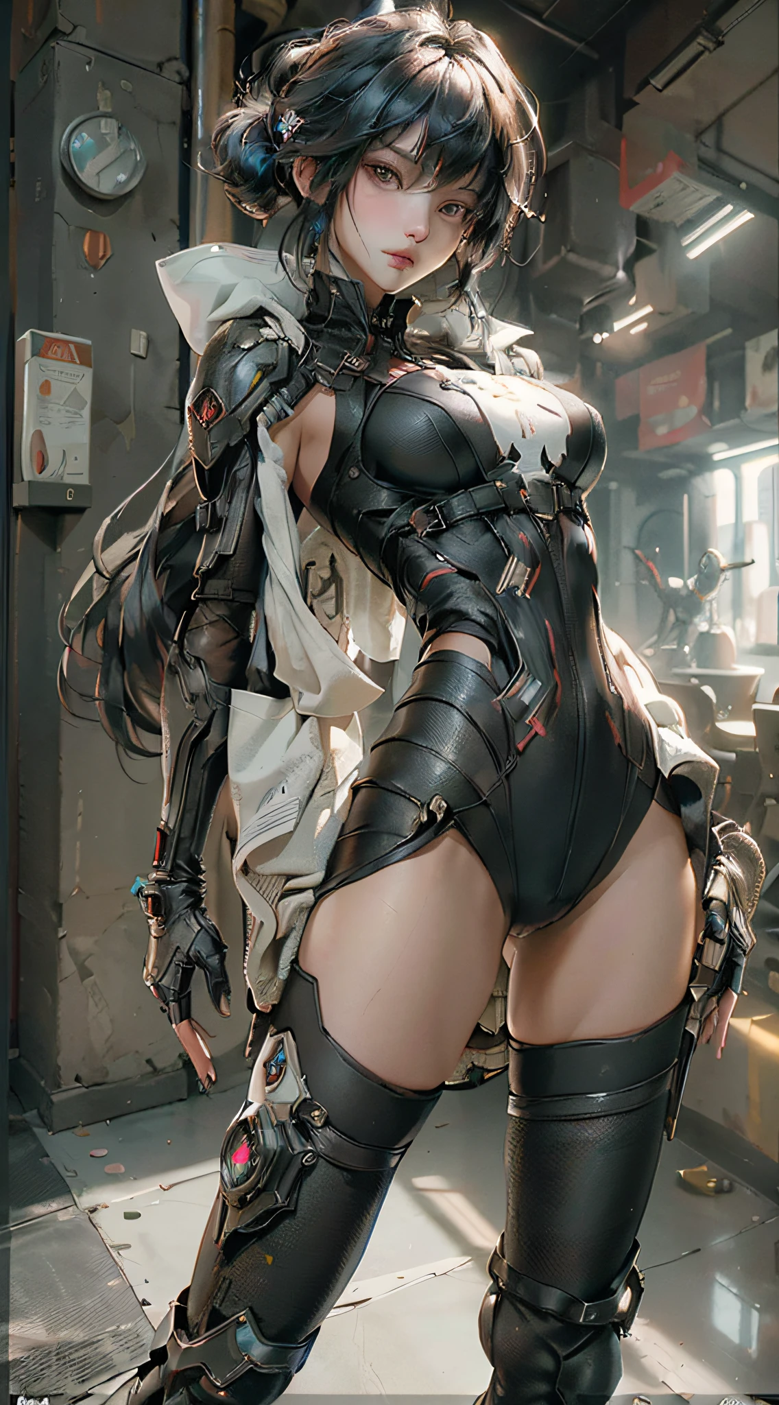 ((Best Quality)), ((Masterpiece)), (detail: 1.4), 3D, Beautiful Cyberpunk Female Image, Sideways, Broken Black Tights, Leather Clothes, Hips, Mechanical, HDR (High Dynamic Range), Ray Tracing, NVIDIA RTX, Super Resolution, Unreal 5, Subsurface Scattering, PBR Textures, Post Processing, Anisotropic Filtering, Depth of Field, Maximum Sharpness and Acutance, Multi-layer Textures, Albedo and Highlight Maps, Surface Coloring, Accurate Simulation of Light-Material Interactions , Perfect Proportions, Octane Rendering, Two-tone Lighting, Wide Aperture, Low ISO, White Balance, Rule of Thirds, 8K RAW, Masterpiece, Best Quality, (8k Very Detailed CG Unit Wallpaper) (Best Quality), (Best Illustration), (Best Shadow)