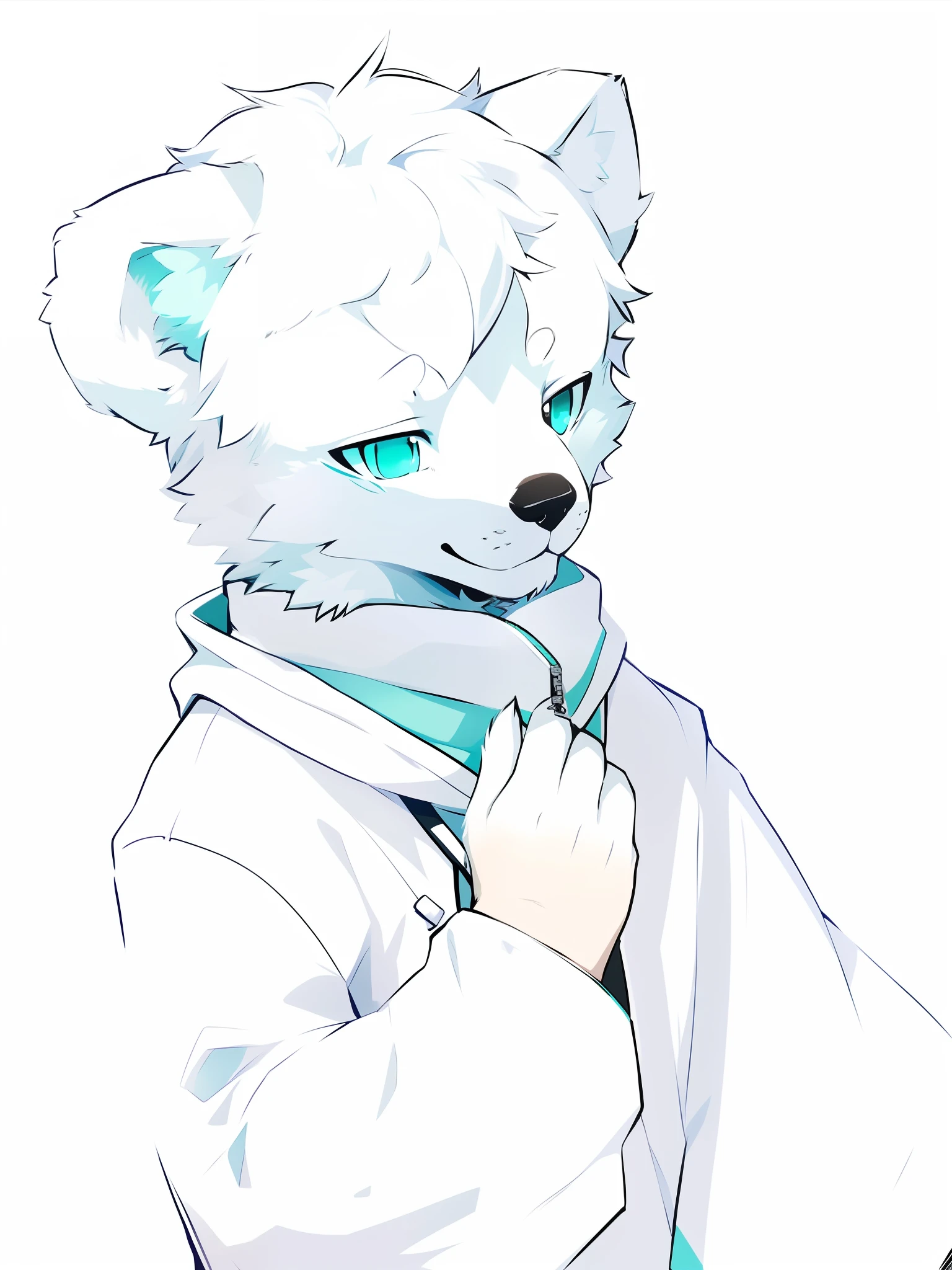 Samoyedskaya, human, furry, canine, (furry), (clear cyan eyes), white hair, white dog tail, (((black sleeves))), {white short sleeves with hood, no hat}, white cropped pants, outdoor,