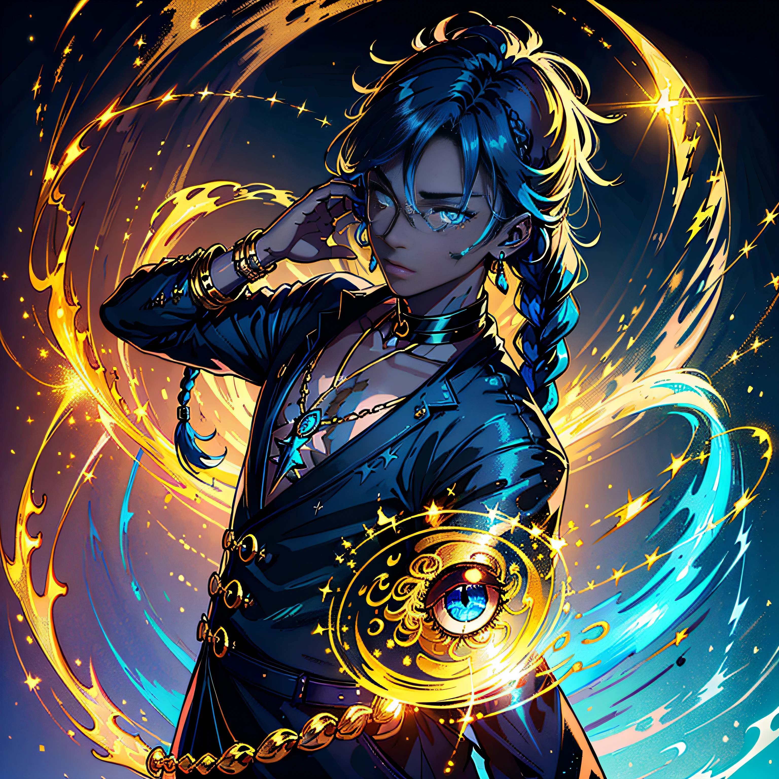 A priest with blue hair with a halo of gold color over his head, 40 aged, short hair, male, clothing in dark blue colors, high definition, fine art quality, ultra detailed, 8k, holding a golden book in right hand, anime art style, one piece art style, pirata vibes. --auto