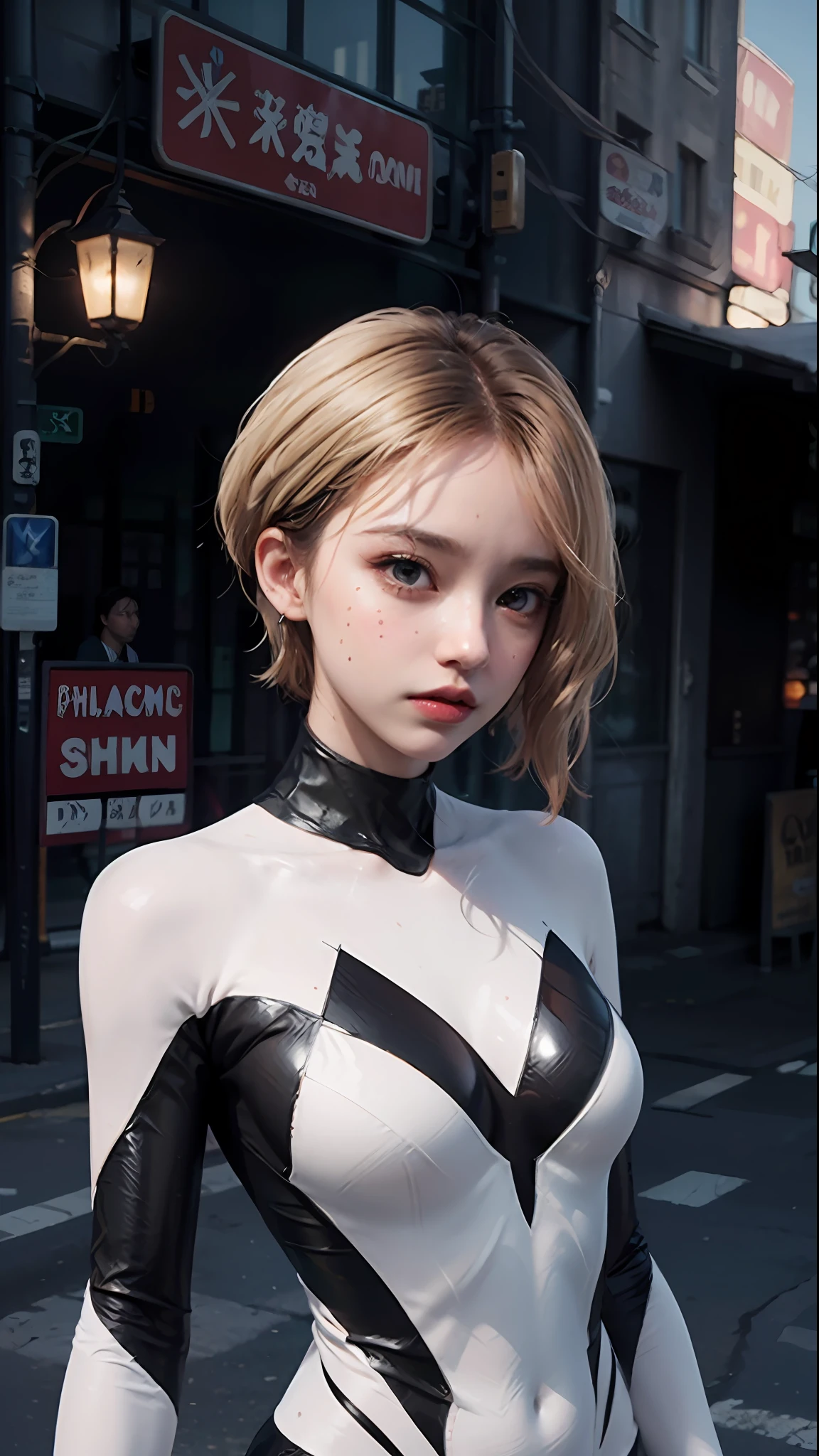 ghost spider, gwen  in a black outfit with spider in the center of his chest in white, organic looking outfit, gooey forehead, symbiote, white eyes, fine art, ps5 cinematic screenshot,highly detailed detailed cinematic rendering, ultra photorealistic raytricing, with cinematic lighting