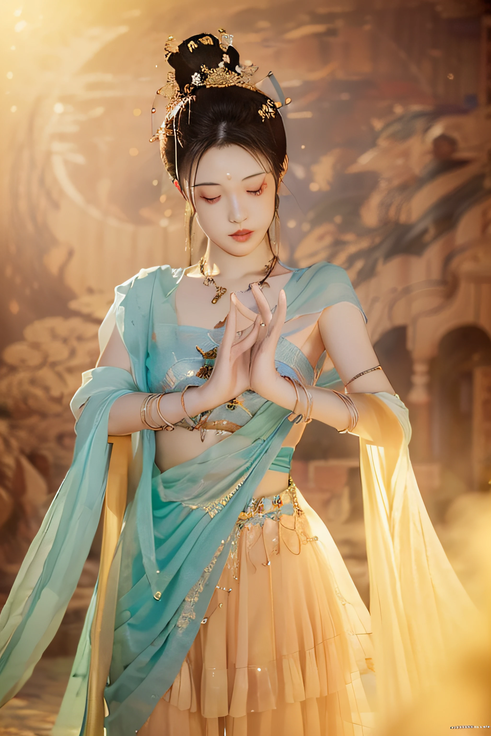 (8k, RAW photo, best quality, masterpiece:1.2), (realistic, photo-realistic:1.4), (extremely detailed CG unity 8k wallpaper), 1 girl solo, dance, dunhuang_dress, dunhuang_style, dunhuang_background,