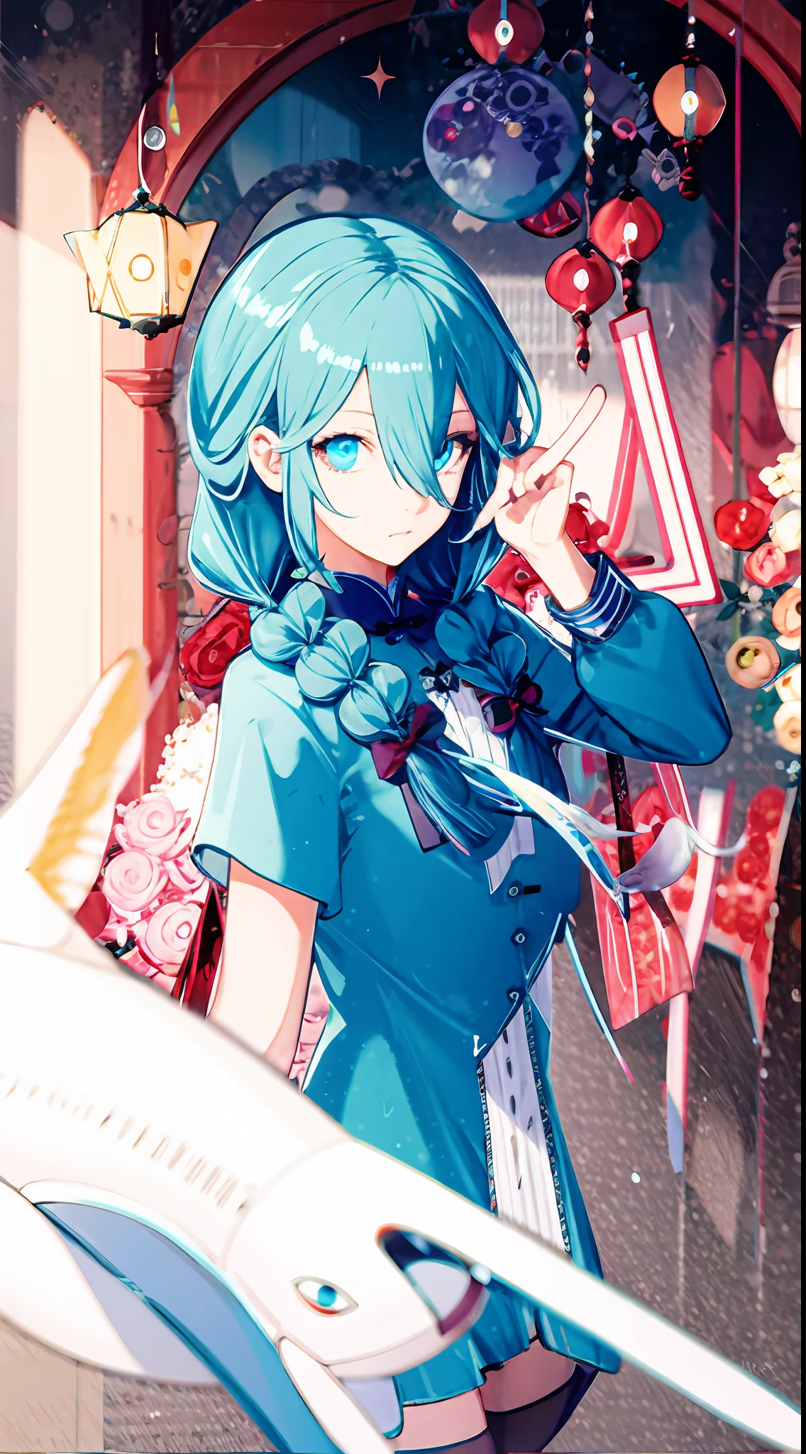 (top view), dynamic angle, ultra-detailed, illustration, close-up, direct view, 1 girl, (fantasy: 1.4), (blue eyes: 1.233), her eyes shine like dream stars, (glowing eyes: 1.233), (beautiful and detailed eyes: 1.1), (silver hair: 1.14), (messy hair, long hair, French braids, hair between the two eyes, side hair), (+ (blue hair: 1.14), (blue hair: 1.14), (chiffon dress, blue uniform, flower uniform pattern) /= (military uniform: 1.24), (split sleeve, wide sleeve), ( Open-finger gloves), Choker, (miko thighhighs), high-heeled boots, (no expression, shut up), (standing), (classical princess boudoir with vanity floor-to-ceiling window, white palace), (white flowers, blooming), (deep sea), (flowing water), (dark blue world tree: 1.14), (ruins), (night: 1.2), dreamy, soul, (relaxation), (flying translucent blue butterflies: 1.15), [[Delicate fingers and hands: 0.55:0.55:0.55:0.55)]: :0.85], (finger details), ( Yubao: 0.5), upper body,