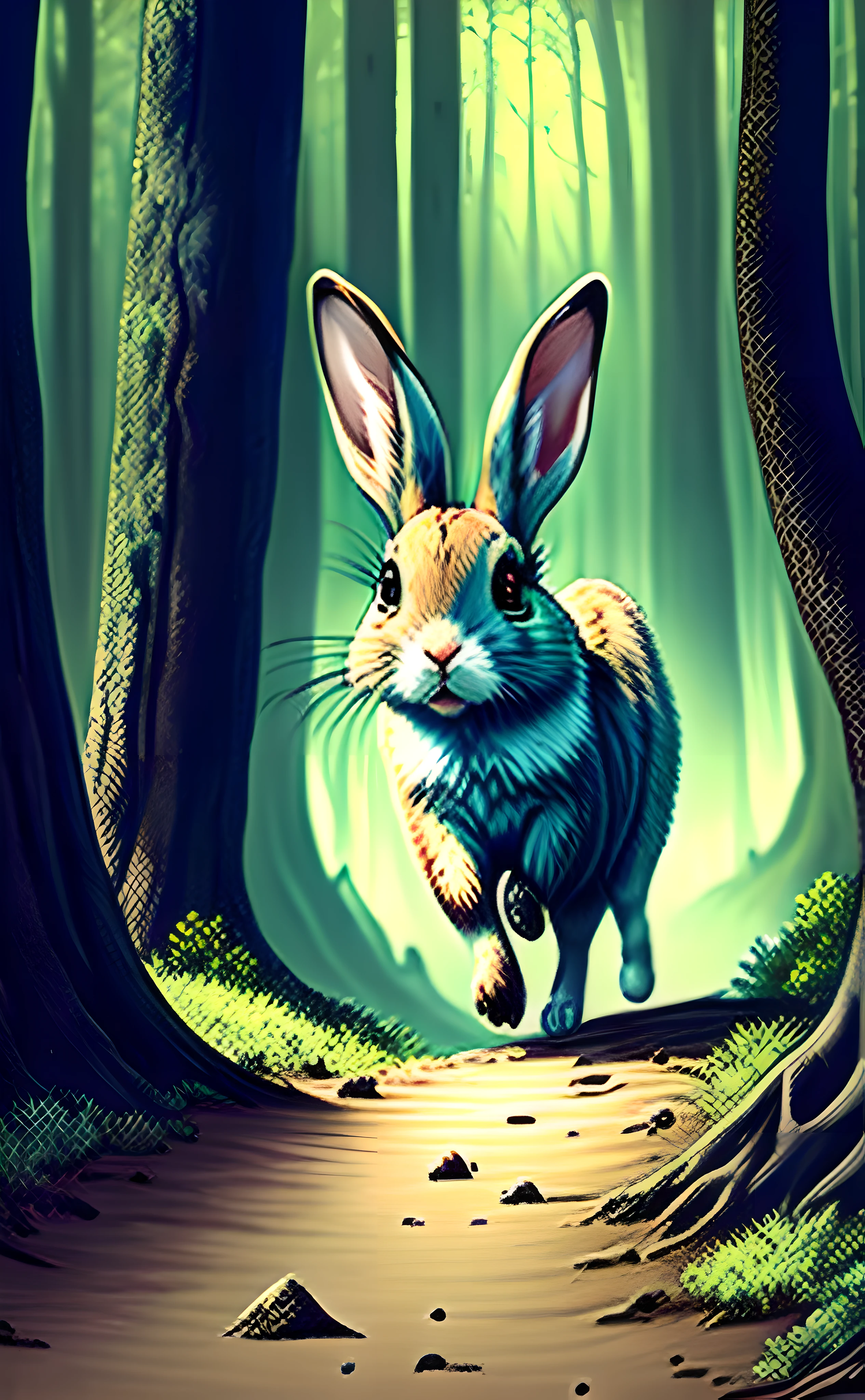 A brave rabbit stepping off a cliff, curious and oblivious to danger. A doglike creature eagerly warns him. A creepy forest looms in the background."