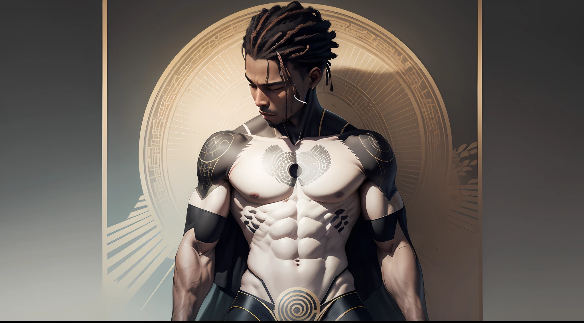 a circular logo with a Black men masseur doing shiatsu. half body. transcendence. perfect anatomy. colored minimalist design white background with zen budist motifs on the border and fullcolored details. intrincade pattern. with "Arte Zen - Harmonia & Health" write around. --auto --s2