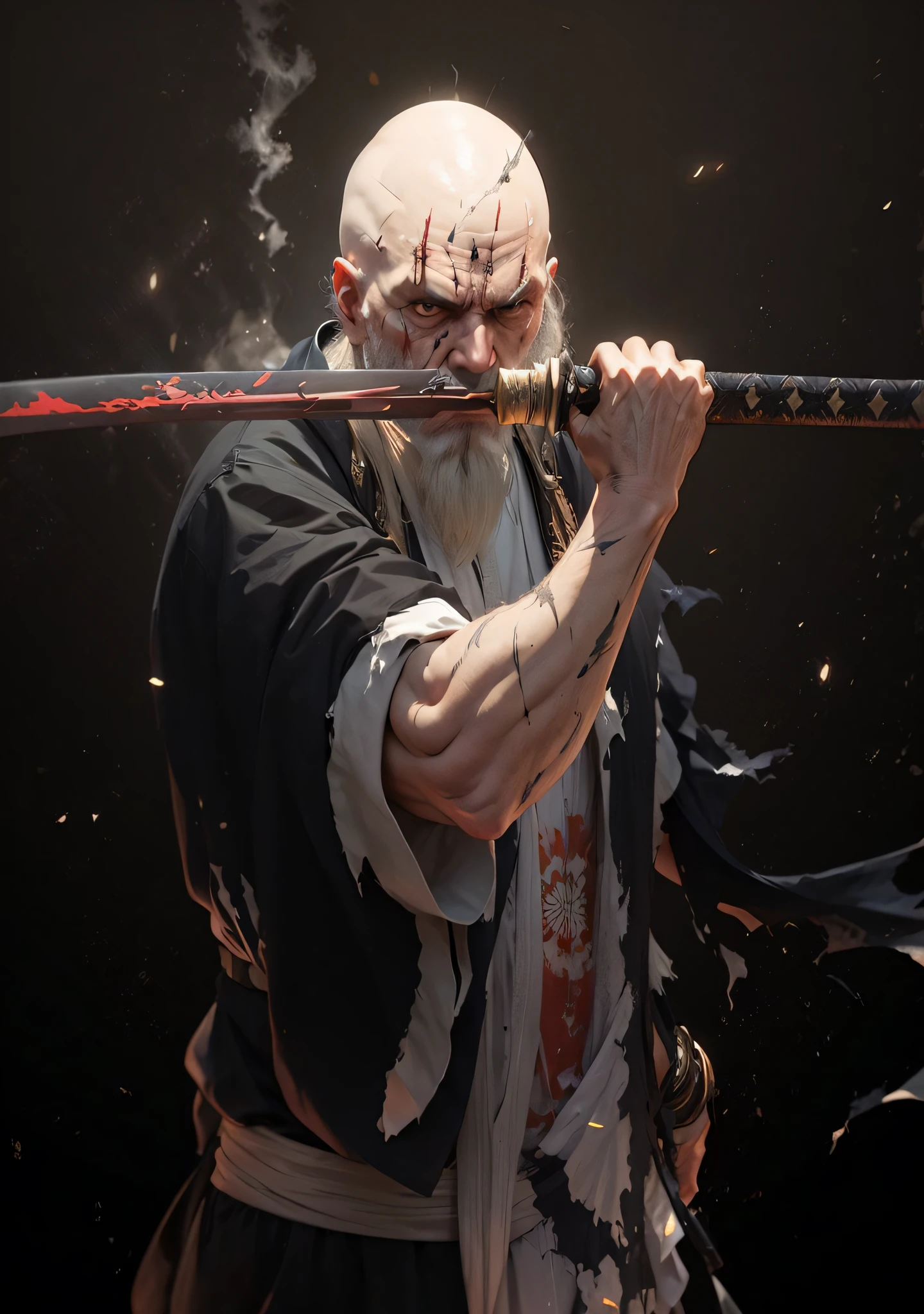 Yamamoto (bleach), bald old man, holding a katana in front of his face, black suits, torn robes, scars on his face, big gray brab, unreal engine 5, 8k.