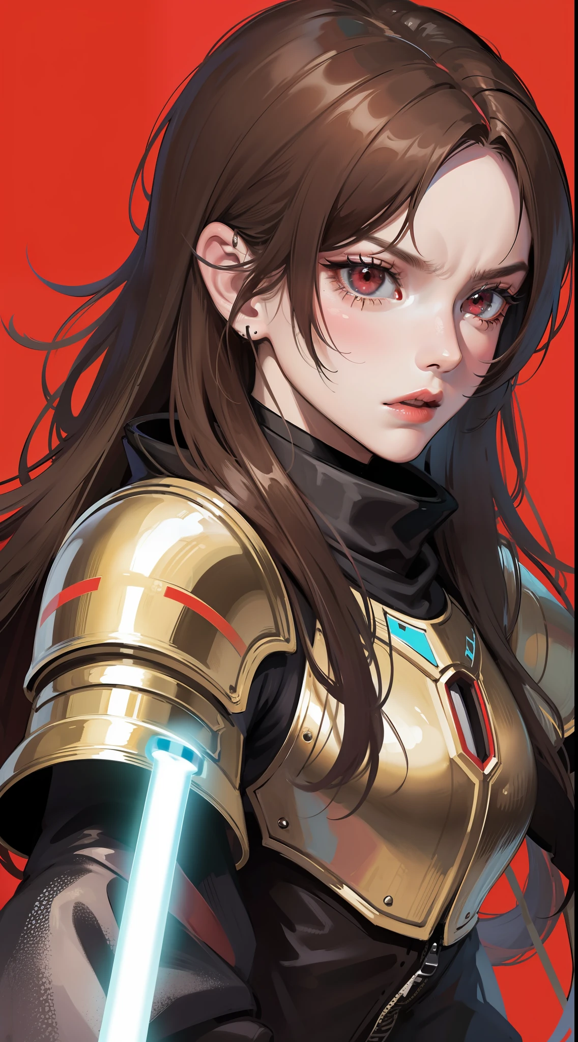 Adult woman, long brown hair, red eyes, angry, Mandalorian armor, black lightsaber, Masterpiece, hig quality