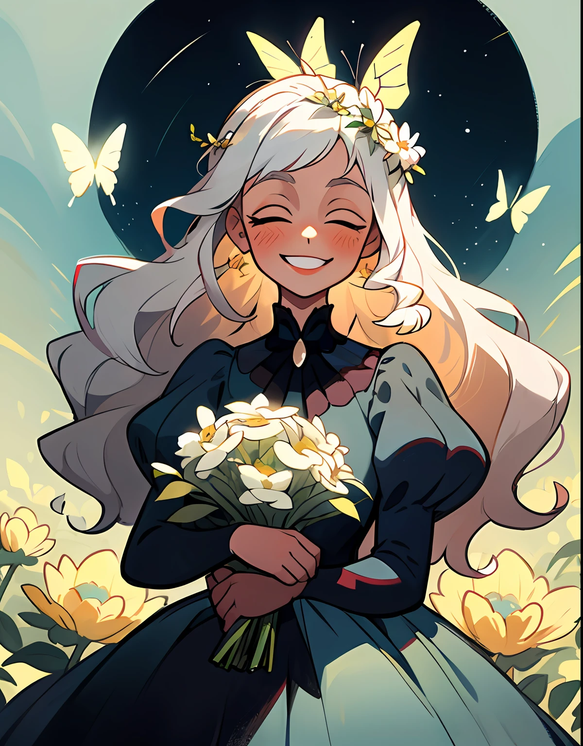 Painting of a woman with a garland on her head, aesthetic cute with flutter, European and American cartoons, whitehair, no outline, long way hair，with long curly hair, garland，She was surrounded by two butterflies，A clear sky，Smile with，big laughter，withe dress，Blush face，A bunch of flowers is worn on the head