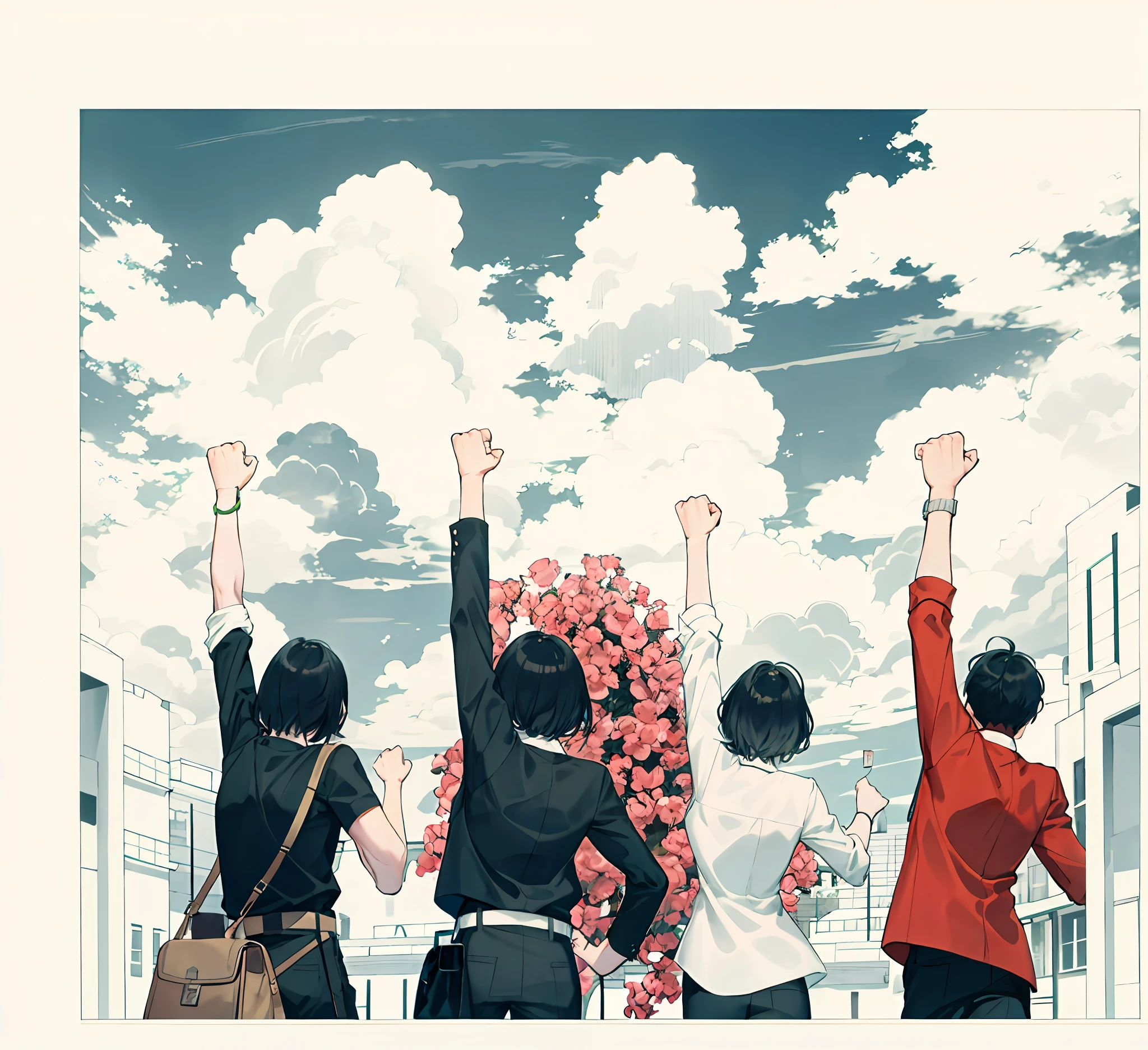 Three girls and one boy,Pose(Arms up + Happy),fists in the air, Hands raised, triumphant pose,(Ink primitive art:1.2),(line art:1.33),(best possible quality,The Masterpiece),need,White-colored skin,white blouse shirt,long trousers,A muscle,Petite,Bright,Clouds,Tuuli,miji,Colorful,al fresco,full full body,simplebackground,black haired(Beautiful detailed face,Beautiful detailed eyes),Turn your back to the audience,back