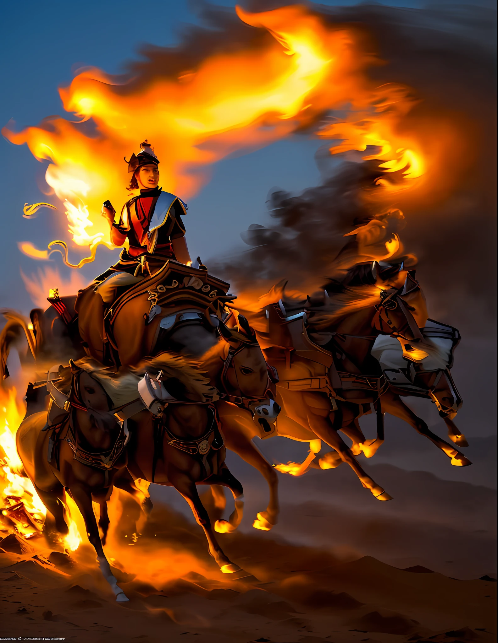 (melhor qualidade:1.23), (obra-prima:1.12), (realista:1.24), (carruagem de fogo com cavalos:1.5) , Volumetric lighting, carruagem queimando, muitos gadgets e equipamentos em chamas, smoke, (chamas ao redor:1.2),