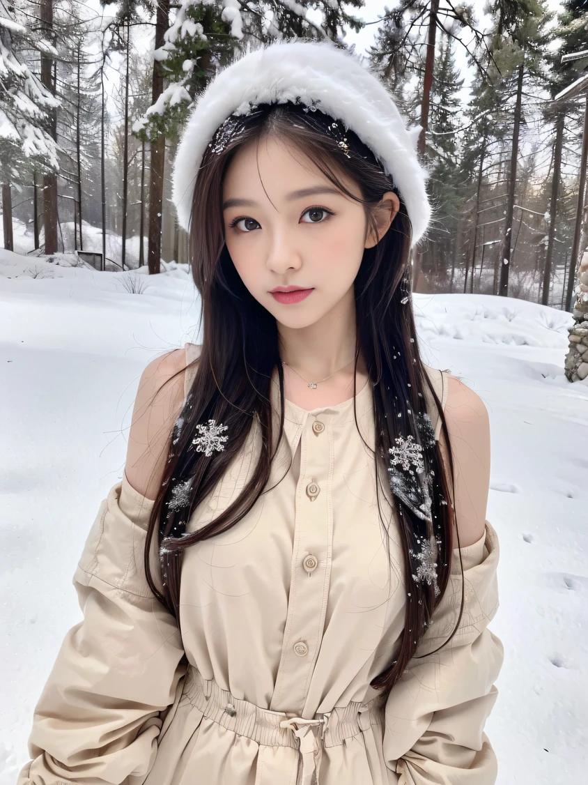 ，Masterpiece, Best quality，8K, ultra-highres，cinematic lighting，(beautifull eyes)， ((Medium view，upper-body))，In a snowy season，Gentle goddess，At the foot of a silver-clad mountain，Snowflakes fell on the ends of her hair and shoulders