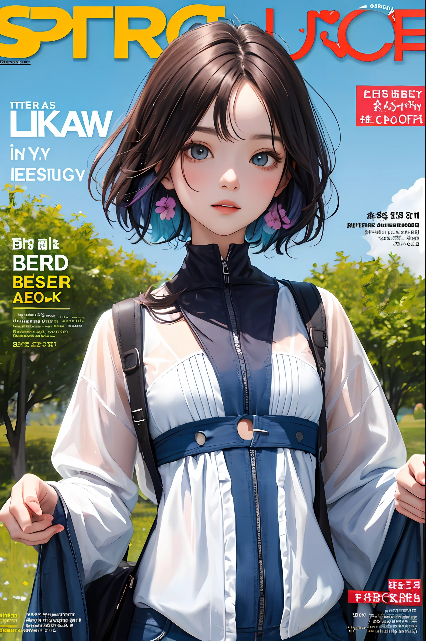 masterpiece, best quality, spring outfit, colorful hair, outdoor, magazine cover ,upper body,