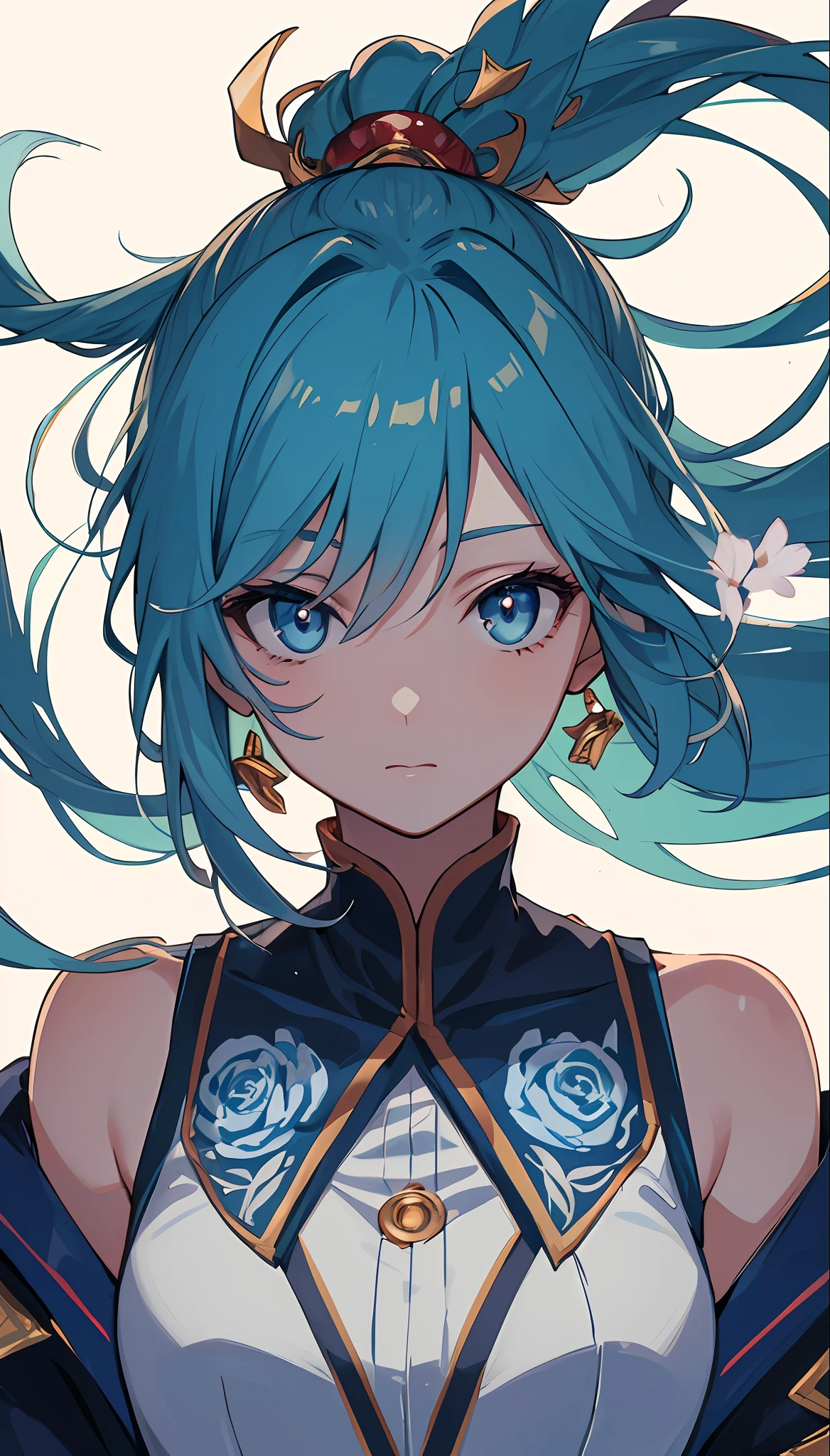 (masterpiece), (best quality), (ultra detailed),(disheveled hair),(illustration), (1girl), (Fashionable clothing), standing, Fashion model, looking at viewer, (interview), (simple background),beautiful detailed eyes, delicate beautiful face, Floating,(high saturation),(colorful splashes),colorful bubble,(shining), focus on face,  ponytail, kamisato ayaka, light blue hair, bangs, hair ring, floating flowers, floating hairs, (shining), best lighting, best shadow,