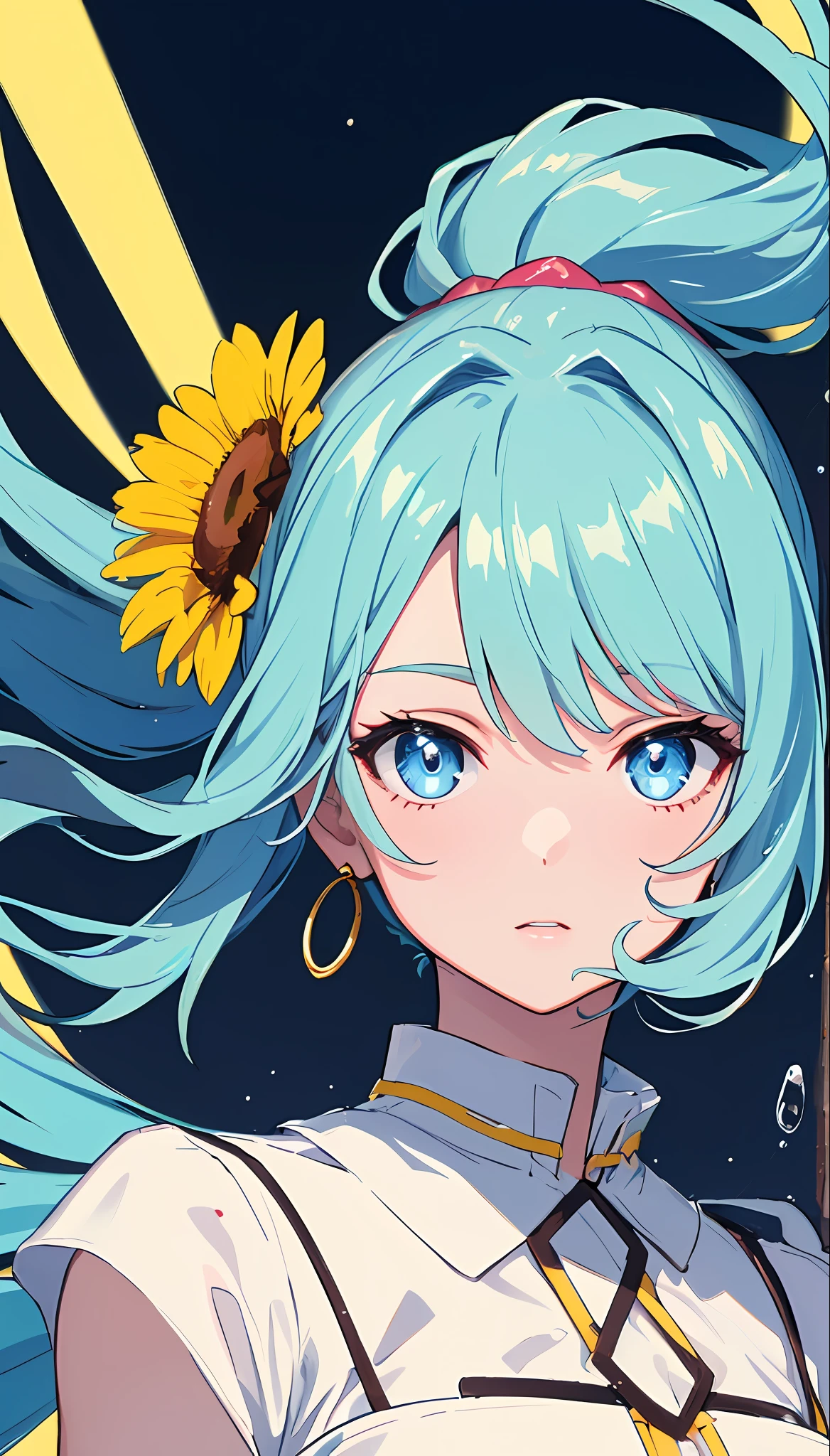 (masterpiece), (best quality), (ultra detailed),(disheveled hair),(illustration), (1girl), (Fashionable clothing), standing, Fashion model, looking at viewer, (interview), (simple background),beautiful detailed eyes, delicate beautiful face, Floating,(high saturation),(colorful splashes),colorful bubble,(shining), focus on face, ponytail, kamisato ayaka, light blue hair, bangs, hair ring, floating flowers, floating hairs, (shining), best lighting, best shadow,