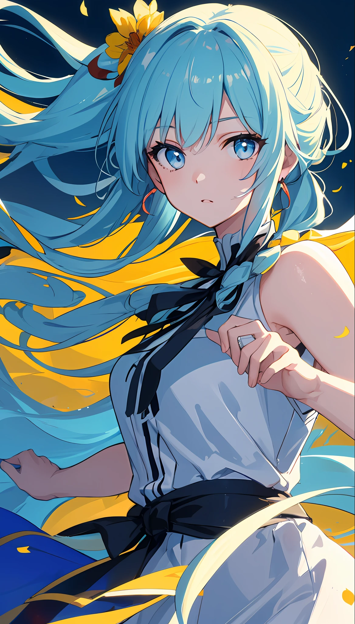 (masterpiece), (best quality), (ultra detailed),(disheveled hair),(illustration), (1girl), (Fashionable clothing), standing, Fashion model, looking at viewer, (interview), (simple background),beautiful detailed eyes, delicate beautiful face, Floating,(high saturation),(colorful splashes),colorful bubble,(shining), focus on face, ponytail, kamisato ayaka, light blue hair, bangs, hair ring, floating flowers, floating hairs, (shining), best lighting, best shadow,