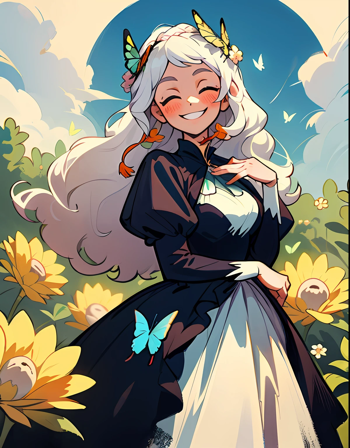 Painting of a woman with a garland on her head, aesthetic cute with flutter, European and American cartoons, whitehair, no outline, long way hair,with long curly hair, garland,She was surrounded by two butterflies,A clear sky,Smile with,big laughter,withe dress,Blush face,A bunch of flowers is worn on the head