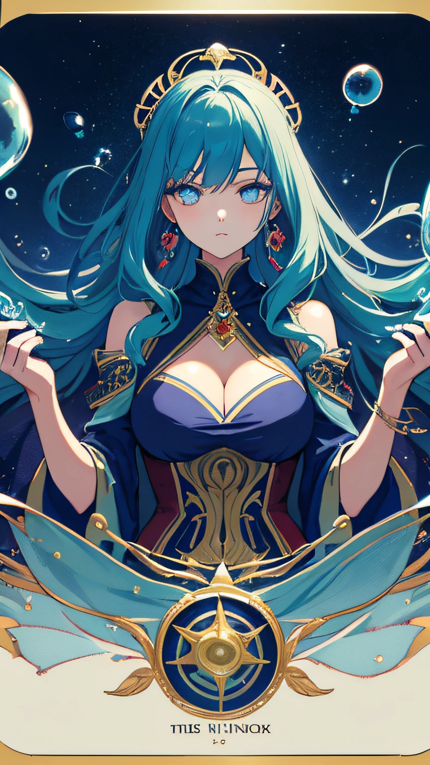 illutst，lagre breasts，Cleavage，（Exposed breasts：2.3），（big boob：1.2，）， frombelow， under boobs，tarot design, symetrical，tarot card art, high detaild + tarot cards, art nouveau tarot style, art deco shaman, tarot card art(Masterpiece), (Best quality), (ultra - detailed),(disheed hair),(illustration), (1girls), (Fashion Clothing), Standing, Fashion model, lookatviewer, (interview), (Simple background),beautiful detailed  eyes，Delicate beauty，afloat，（high saturated），（Colorful splashes），Colorful bubbles，（Shine），Focus on the face，pony-tail，Ayaka Kamisato，lightblue hair，Hair bangs，Hair rings，Floating flowers，flowy hair，（shiny），best illuminate，best shadow