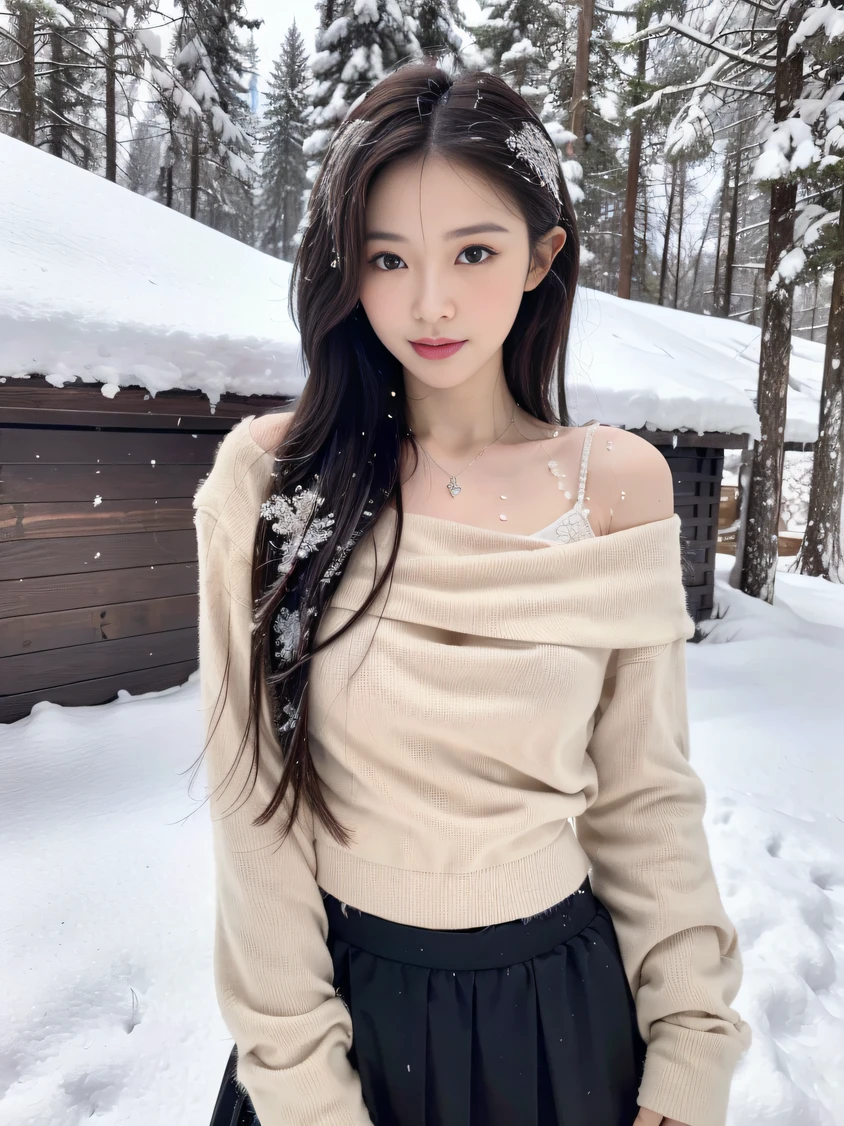 ，Masterpiece, Best quality，8K, ultra-highres，cinematic lighting，(beautifull eyes)， ((Medium view，upper-body))，In a snowy season，Gentle goddess，At the foot of a silver-clad mountain，Snowflakes fell on the ends of her hair and shoulders