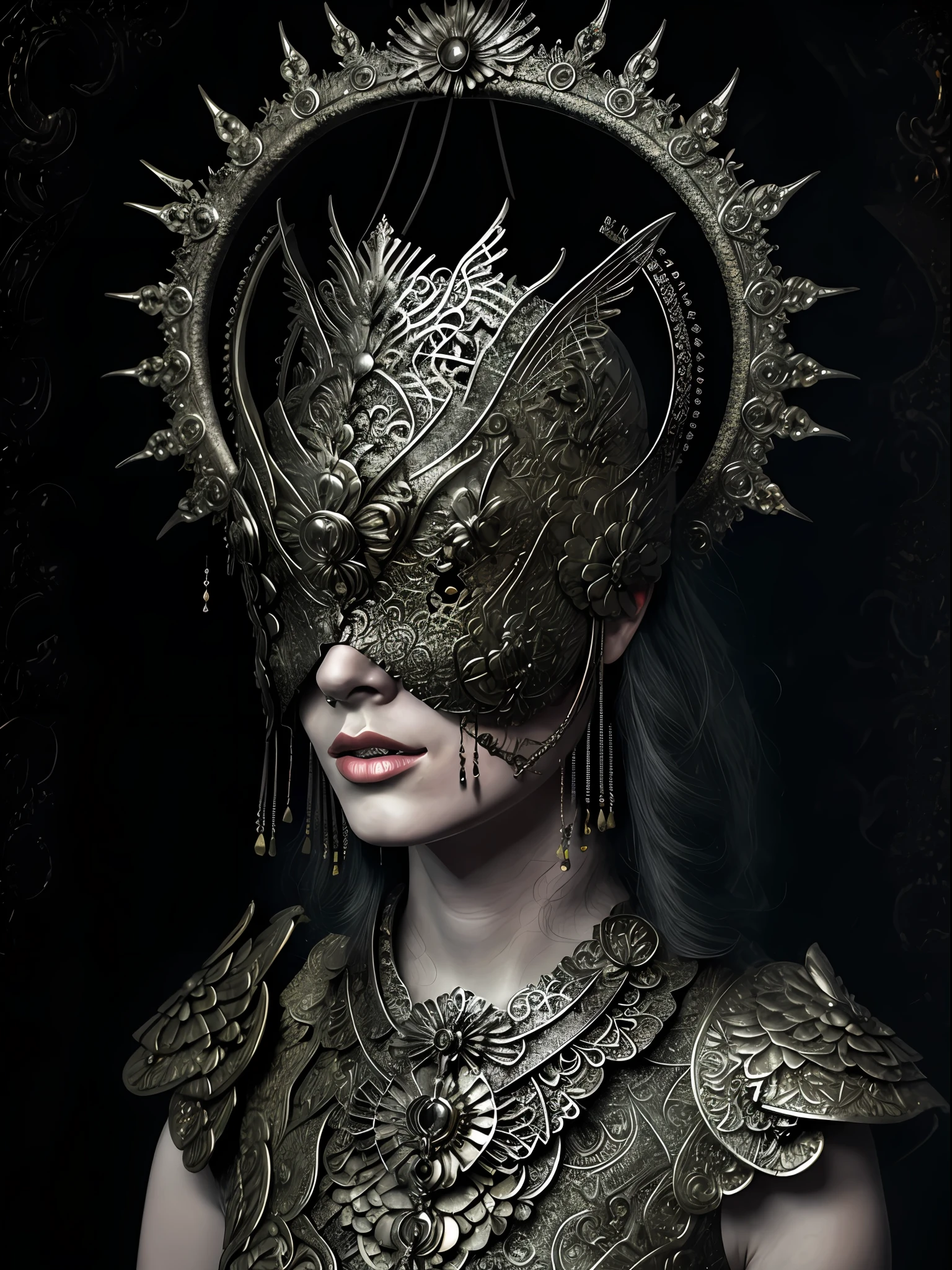 portrait of a, Woman in Halo Blind Mask, mouth ajar,Necklace, Tone map, Detailed, Detailed, digitally painted, Artstation, concept art, fluent, Sharp focus, a beautiful artwork illustration, photo, brightly lit, dynamic lighting, mist, intricated, film grain, professional, facing the viewer, OldEgyptAI