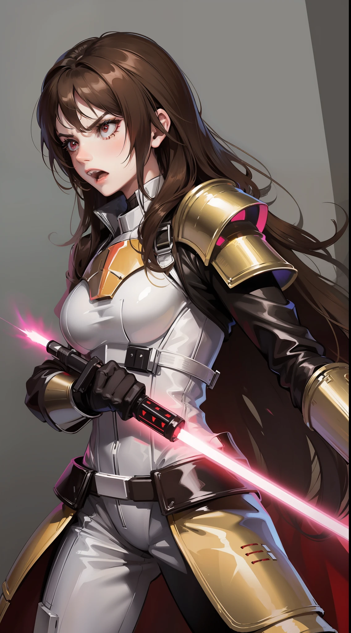 Adult woman, long brown hair, red eyes, angry, Mandalorian armor, black lightsaber, Masterpiece, hig quality