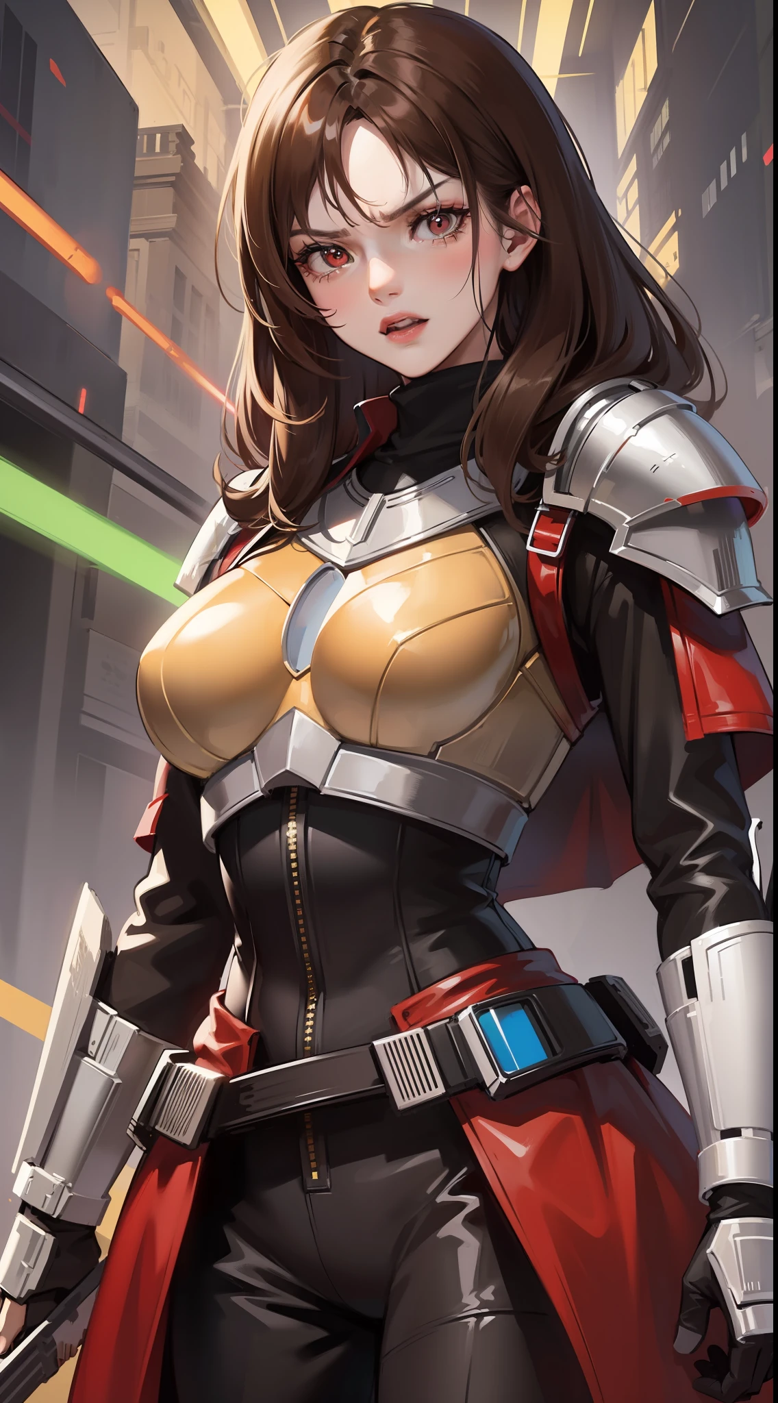 Adult woman, long brown hair, red eyes, angry, Mandalorian armor, black lightsaber, Masterpiece, hig quality
